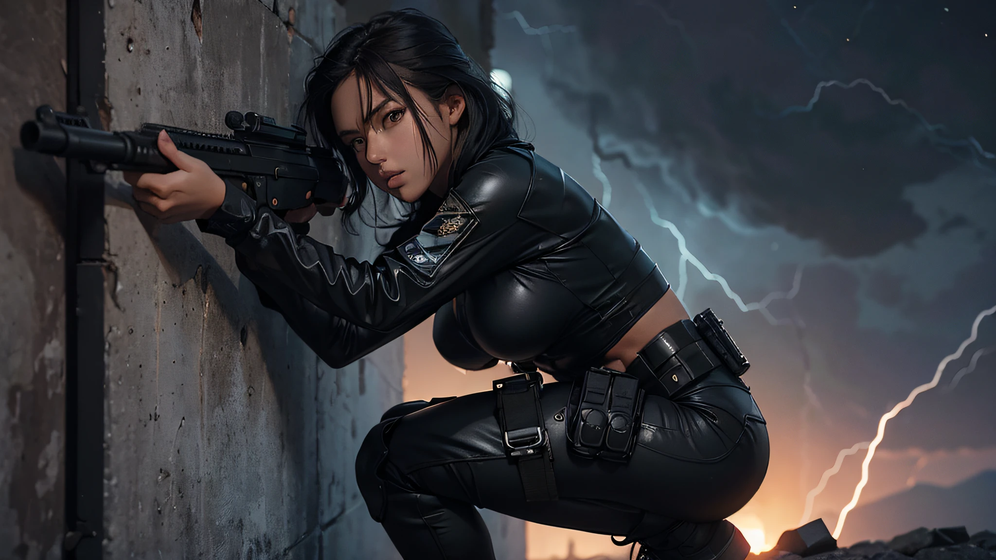 (1girl:1.4), (((female special operative crouching behind wall))), (((looking to her side))), girl is holding a pistol with a suppressor, girl wearing tight shiny black bodysuit with equipment belt, girl has hourglass body, girl has big butt and thighs, up close, detailed hands, detailed face, perfect body, (((dark))), (((storming))), (((nighttime))), best lighting, best shadows, 8k, high quality,