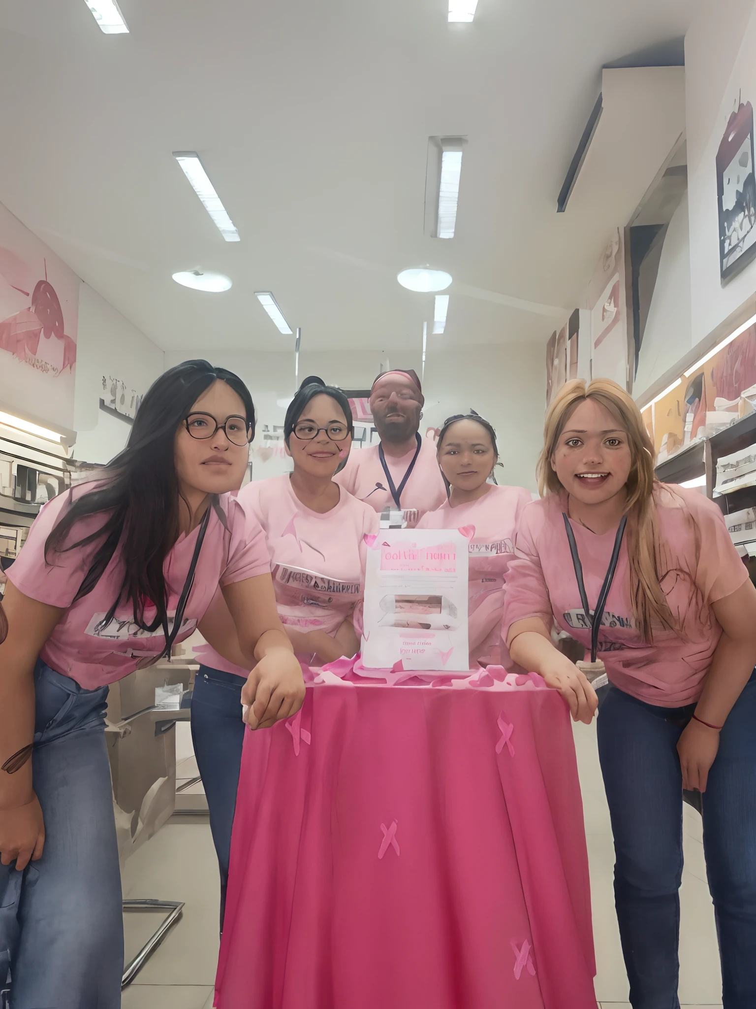 several people in pink shirts standing around a table with a pink table cloth, pink power, by David Ruby, essence, by Gina Pellón, karla ortiz, by Matteo Pérez, valentina remenar, by Amelia Peláez, by Nándor Katona, by Teresa Fasolino, by Judith Gutierrez, by Barbara Longhi, sandra