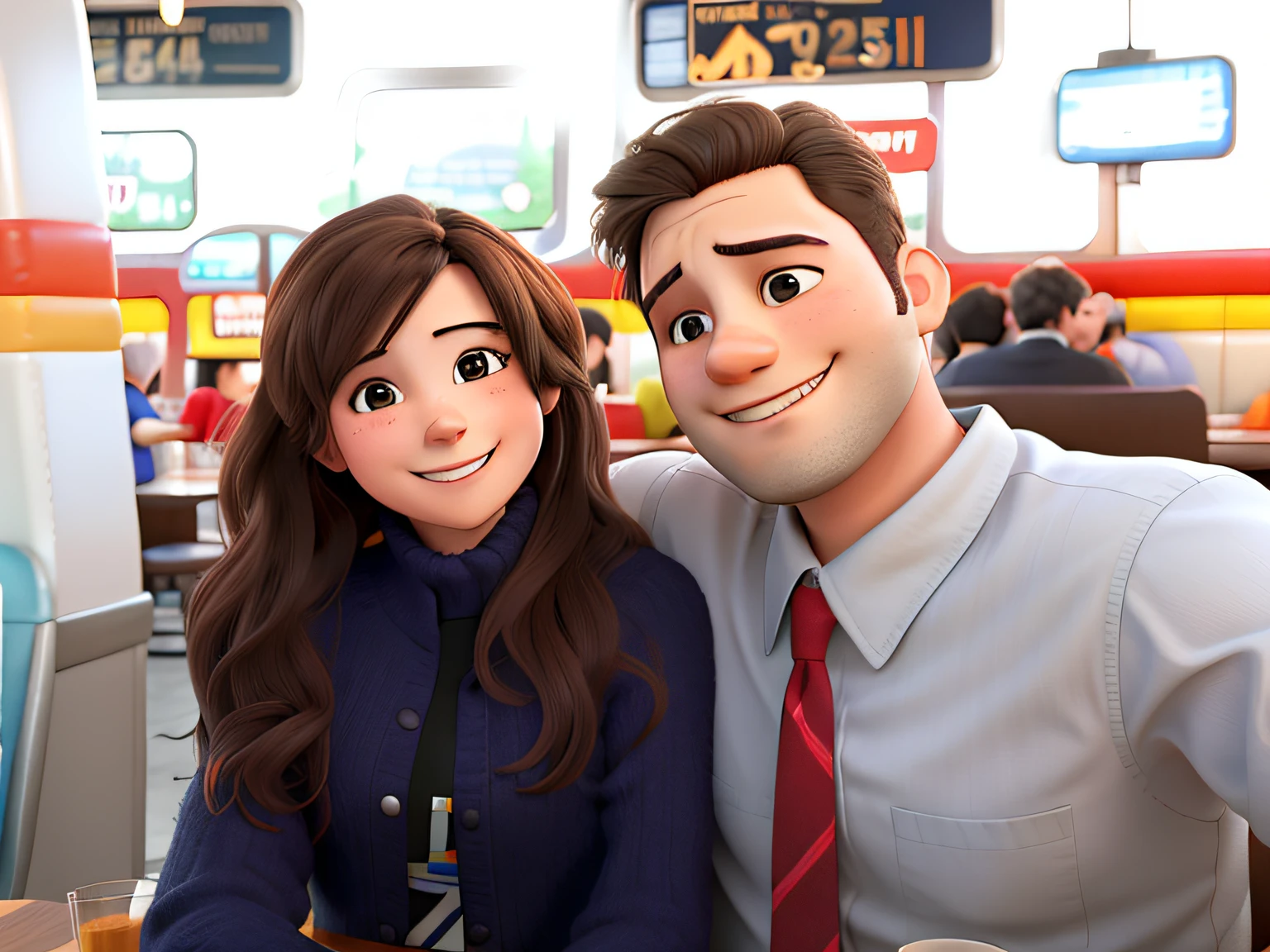 A couple hugging and happy in a diner