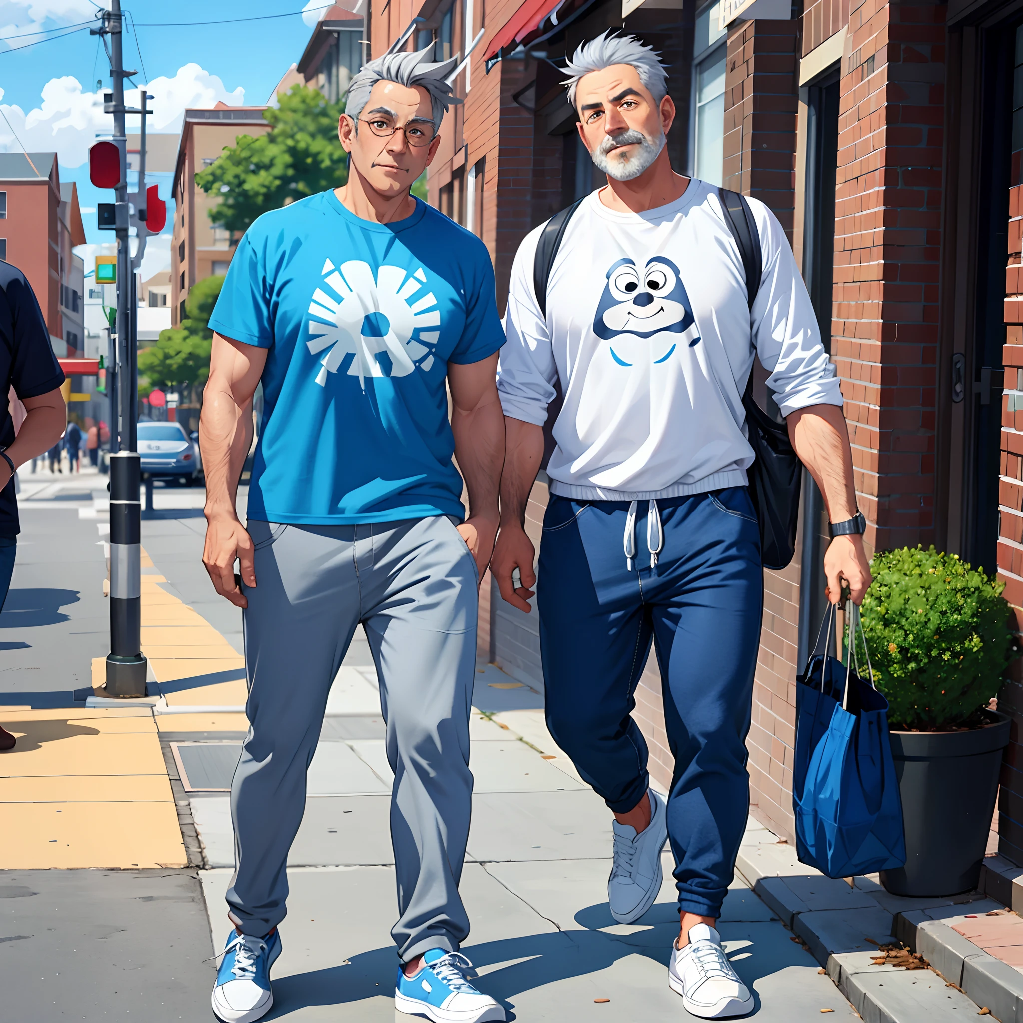 Create image 42 year old man with gray hair, blue pants and white sneakers in a pixar cartoon