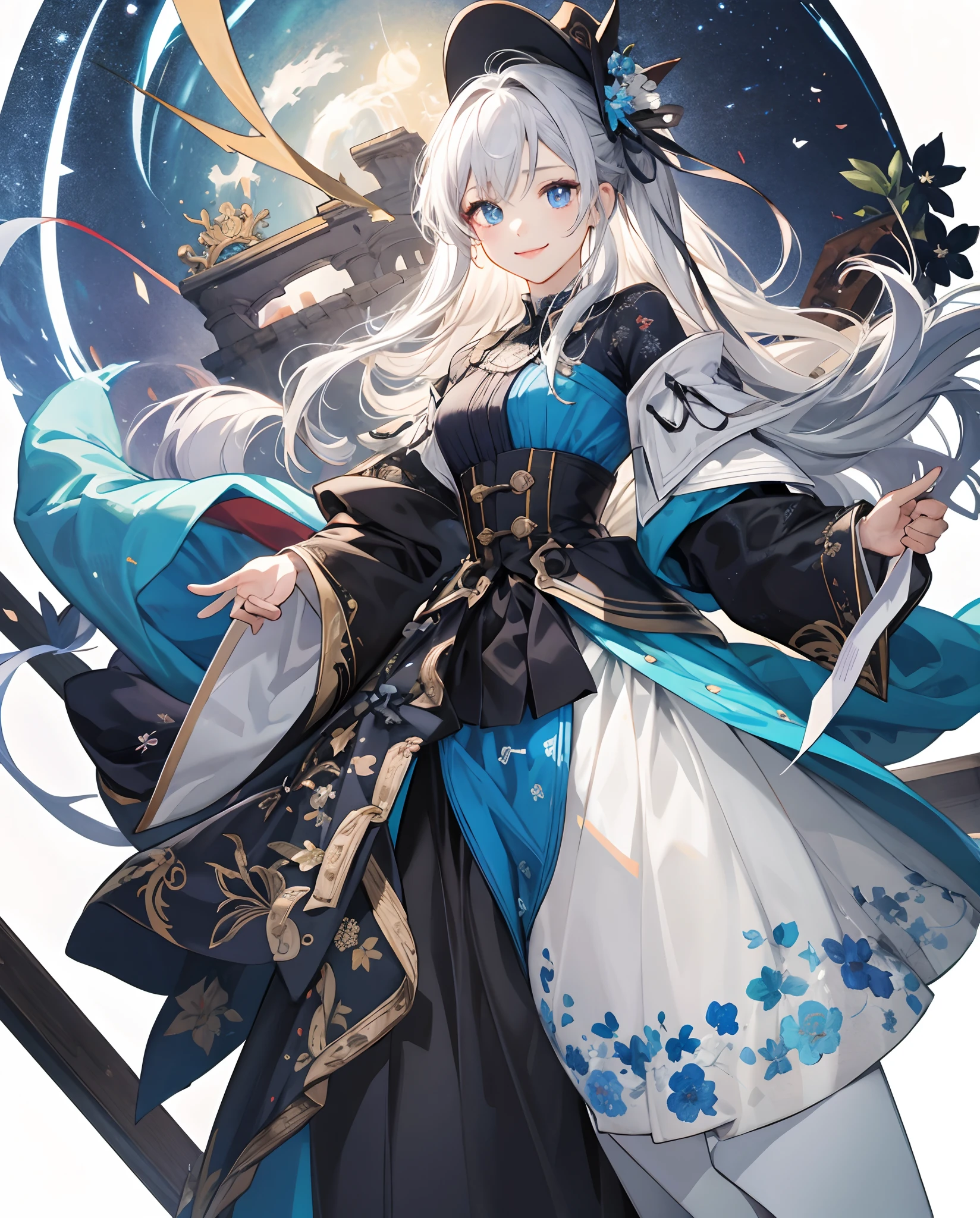 ​masterpiece、top-quality、超A high resolution、2D Beautiful Girl、animesque、teens girl、The long-haired、Black ribbon、Beautiful blue eyes、The clothes are also depicted in detail、Eyes are depicted in detail、The face is depicted in detail、sorcerer、soio、Full body front、Gentle smile、hair adornments、animesque、illustratio、