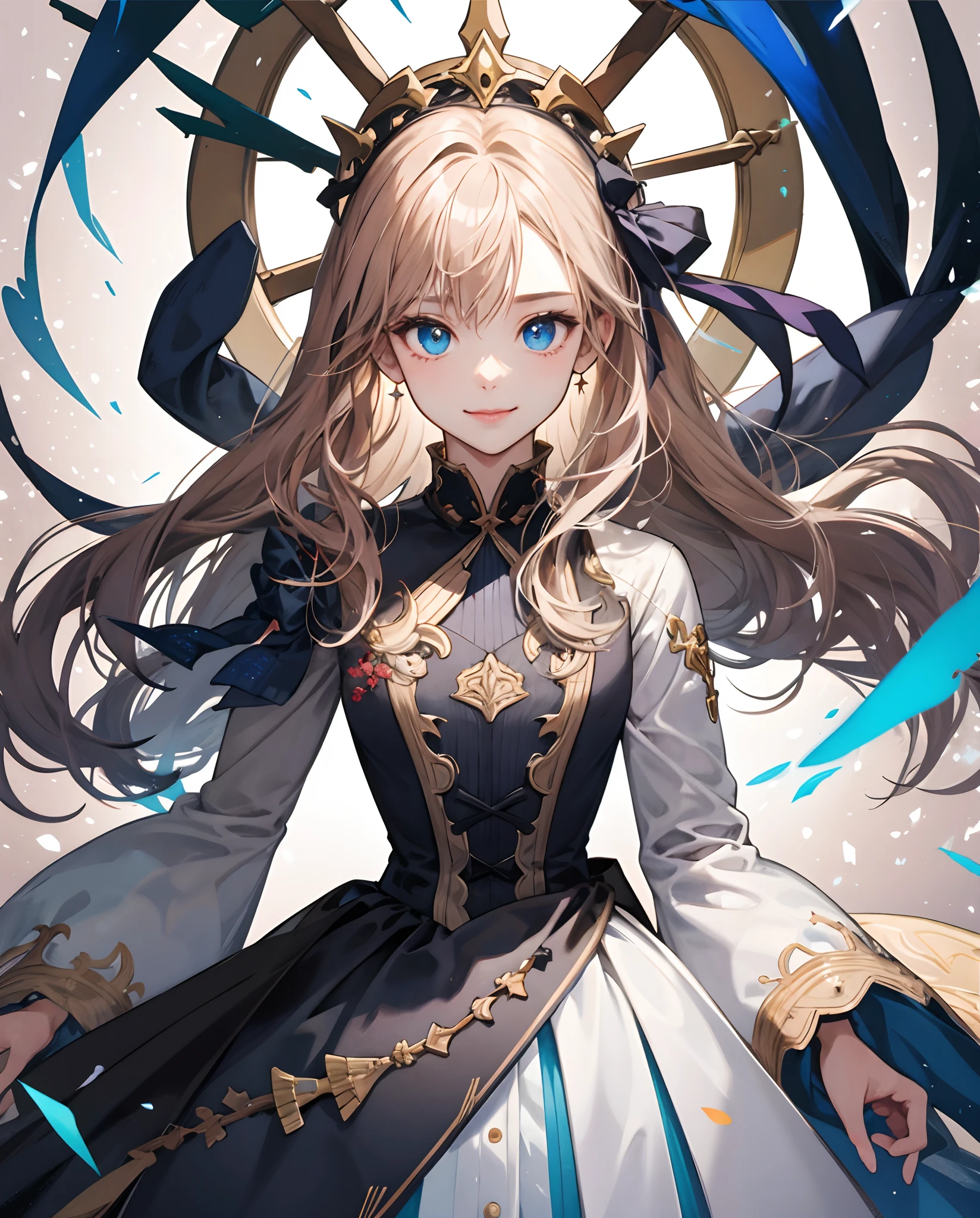 masterpiece、top-quality、超A high resolution、2D Beautiful Girl、animesque、teens girl、The long-haired、Black ribbon、Beautiful blue eyes、The clothes are also depicted in detail、Eyes are depicted in detail、The face is depicted in detail、sorcerer、soio、Full body front、Gentle smile、hair adornments、animesque、illustratio、