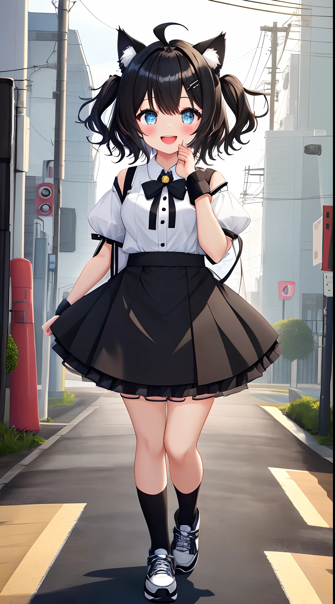 1girl in, Open mouth, Smile, Virtual Youtuber、girl with、((Best Quality, high_resolution, Distinct_image)),(Black hair), (Black cat ears), (Ahoge),((absurdly short hair)) ((Twin-tailed hair)), (Wavy Hair), (Blue eyes),、A smile、,(wearing shoes on feet)、((View Viewer))、Dressed