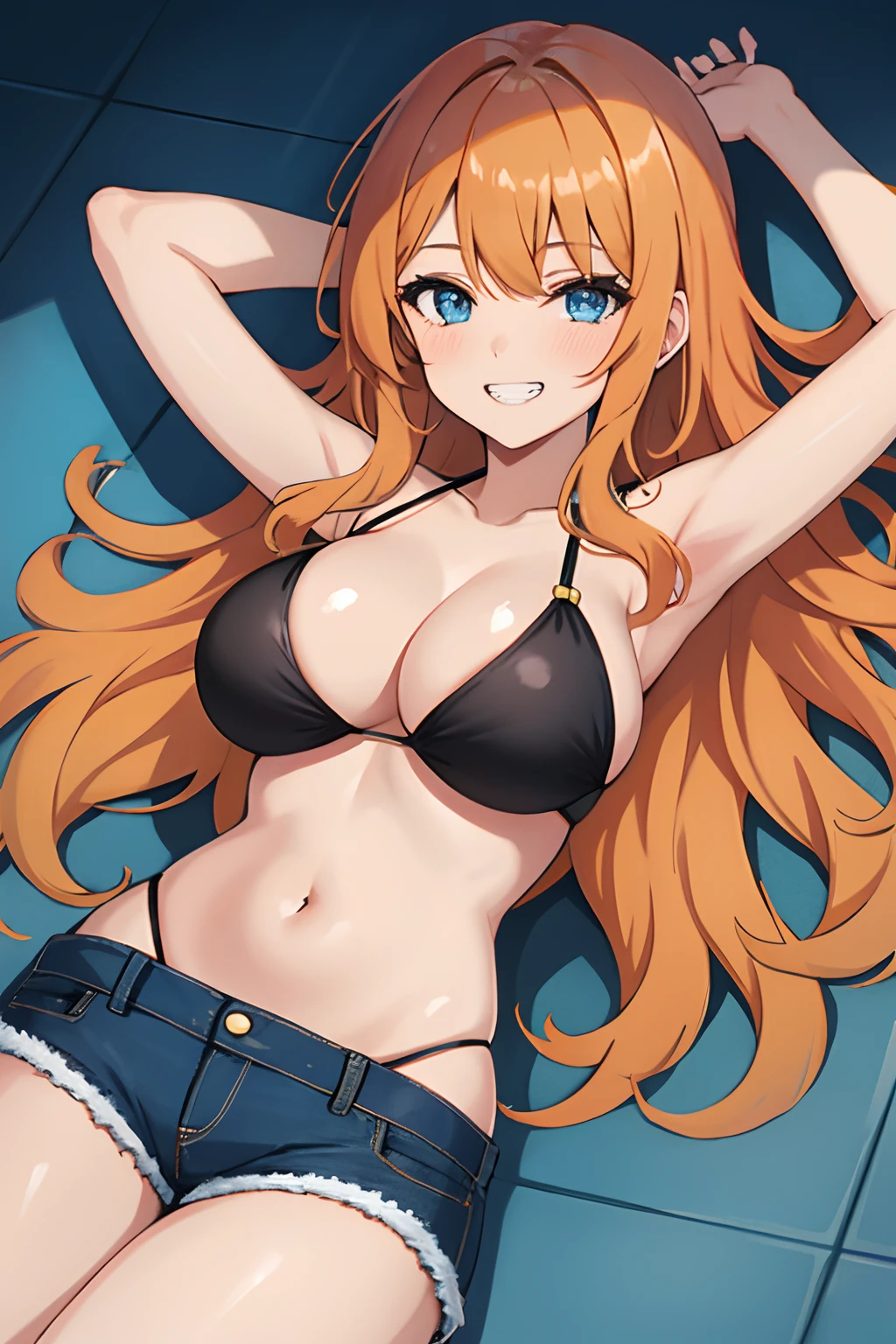 one girl, long wavy hair, orange hair,blue eyes,big breasts,(seductive smile,clenched teeth),black bikini top only,denim shorts,hands behind head,lying down, city, from front and above,shining body