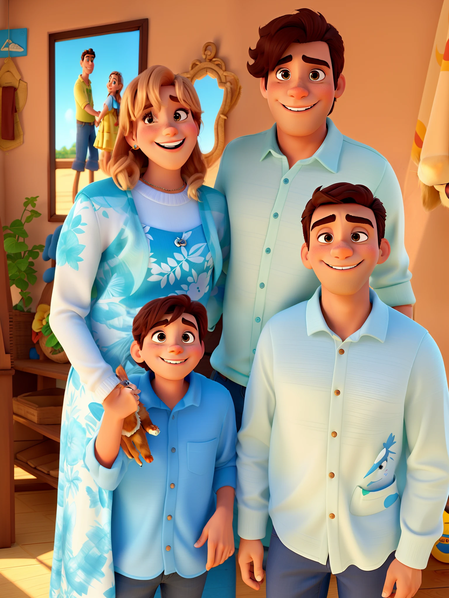 Um homem, dois meninos, uma mulher e um cachorro no estilo Disney pixar, alta qualidade, melhor qualidade