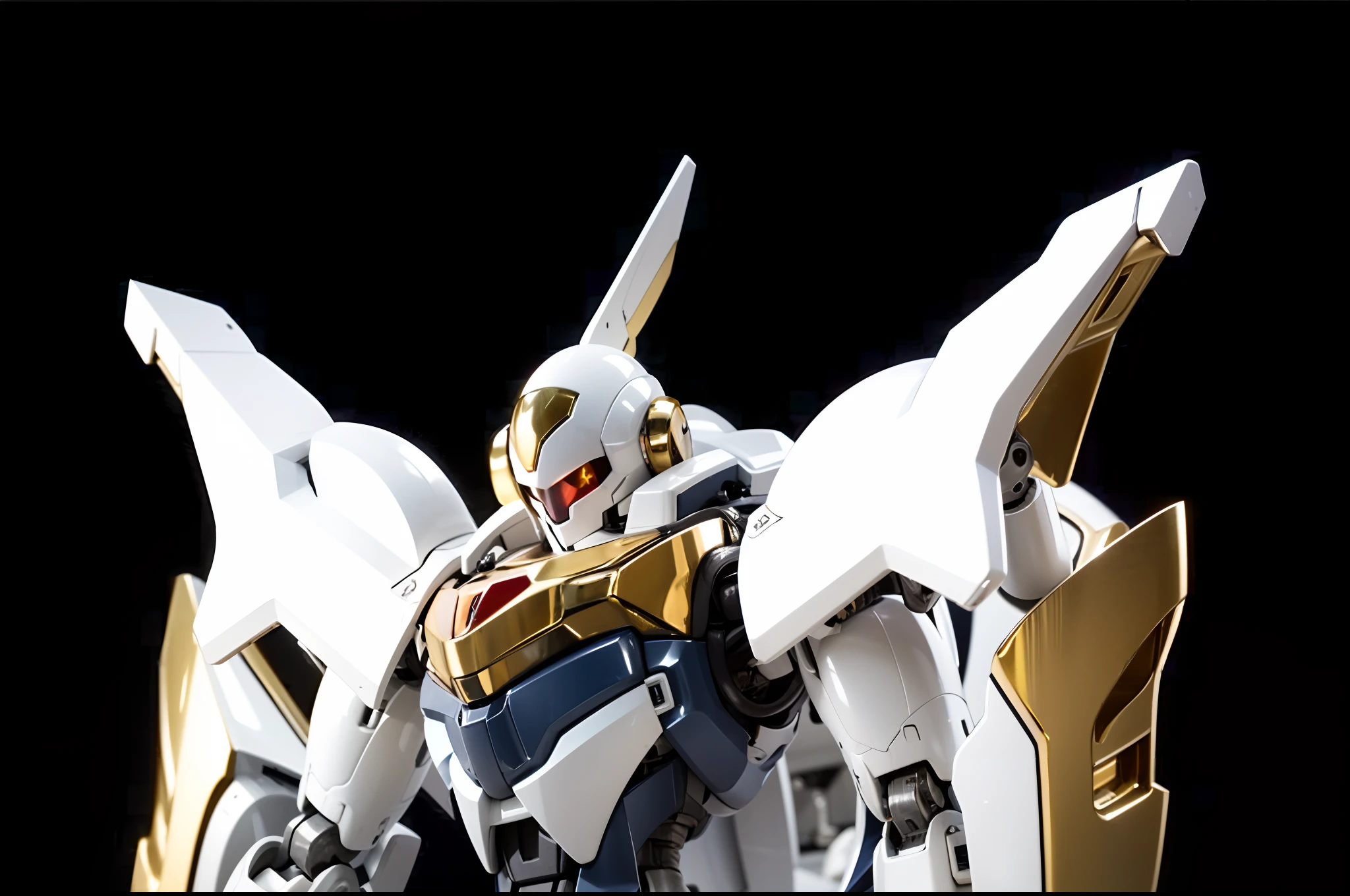 mecha robot, capacete de metal branco com detalhes dourados, ombros metalicos brancos com detalhes dourados, peito com partes metalicas douradas, azuis e brancas, vidro vermelho em forma triangular no peito