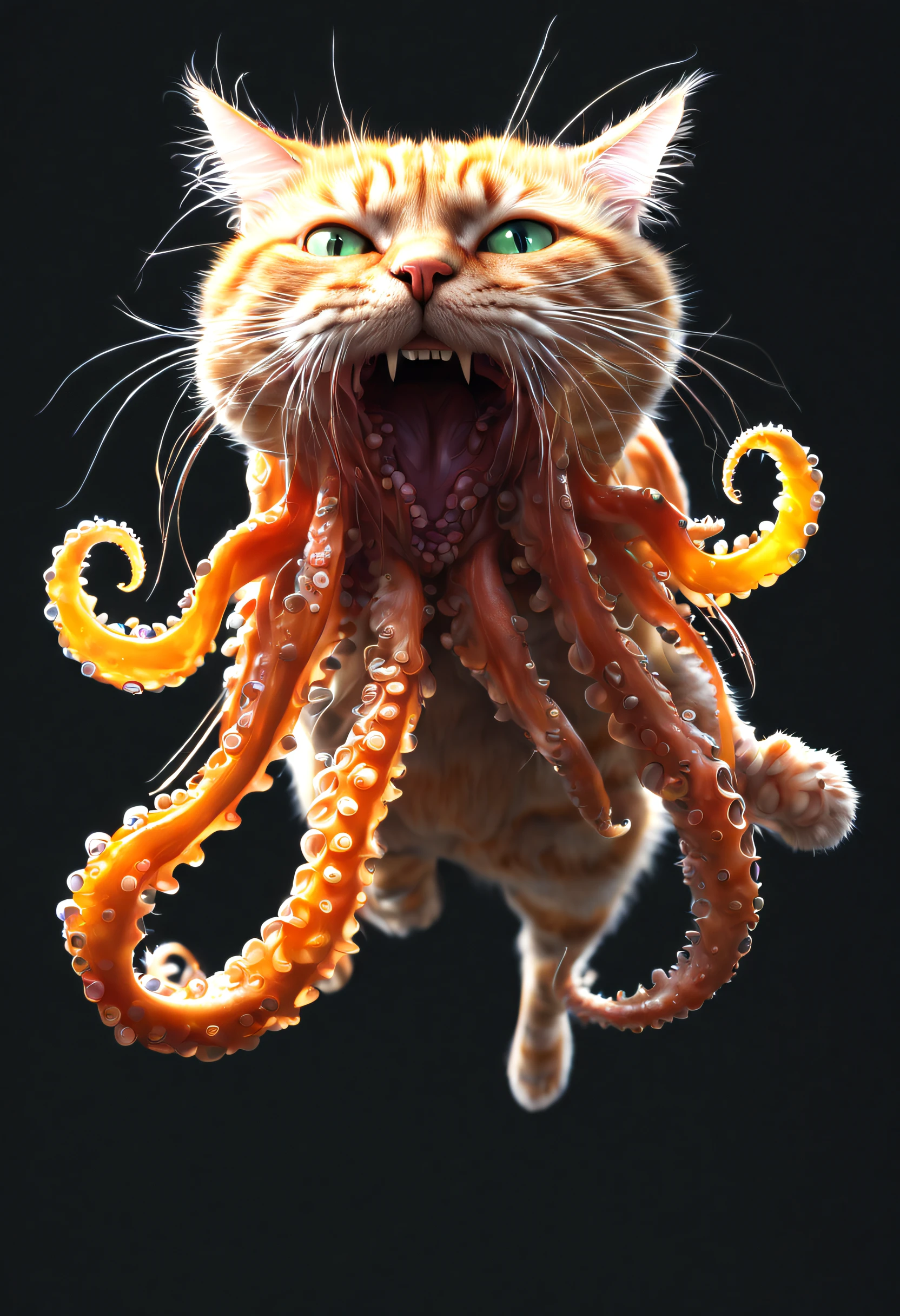 (best quality, 4k, 8k, high resolution, masterpiece: 1.2), (ultra detailed, realistic, photorealistic: 1.37),an orange cat-shaped alien, with (large tentacles coming out of its mouth: 1.42), (full body: 1.32)