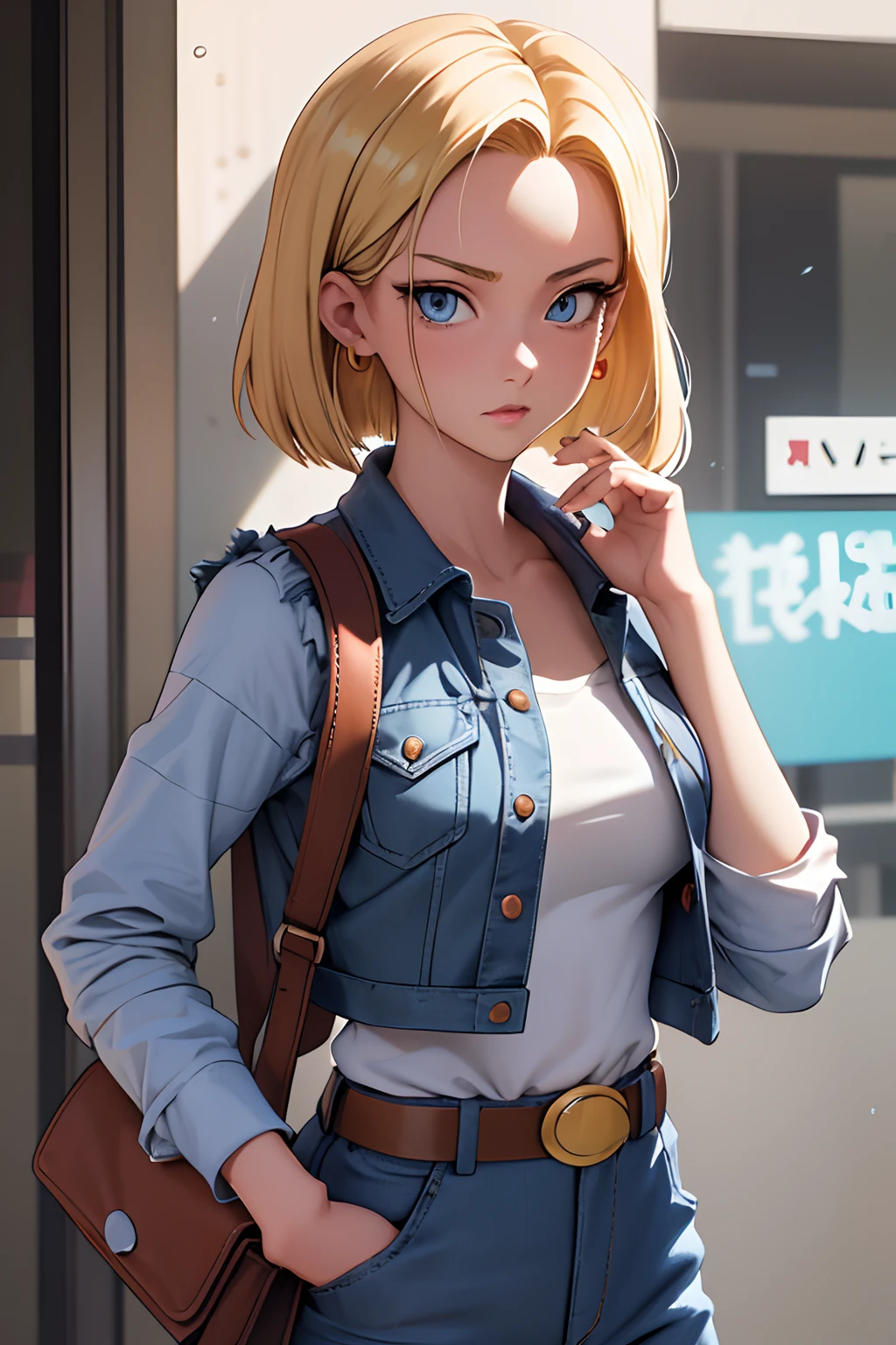 (masutepiece, Best Quality), 1girl in, Beautiful face, Beautiful body,  Android18, earrings, denim, Belt bag