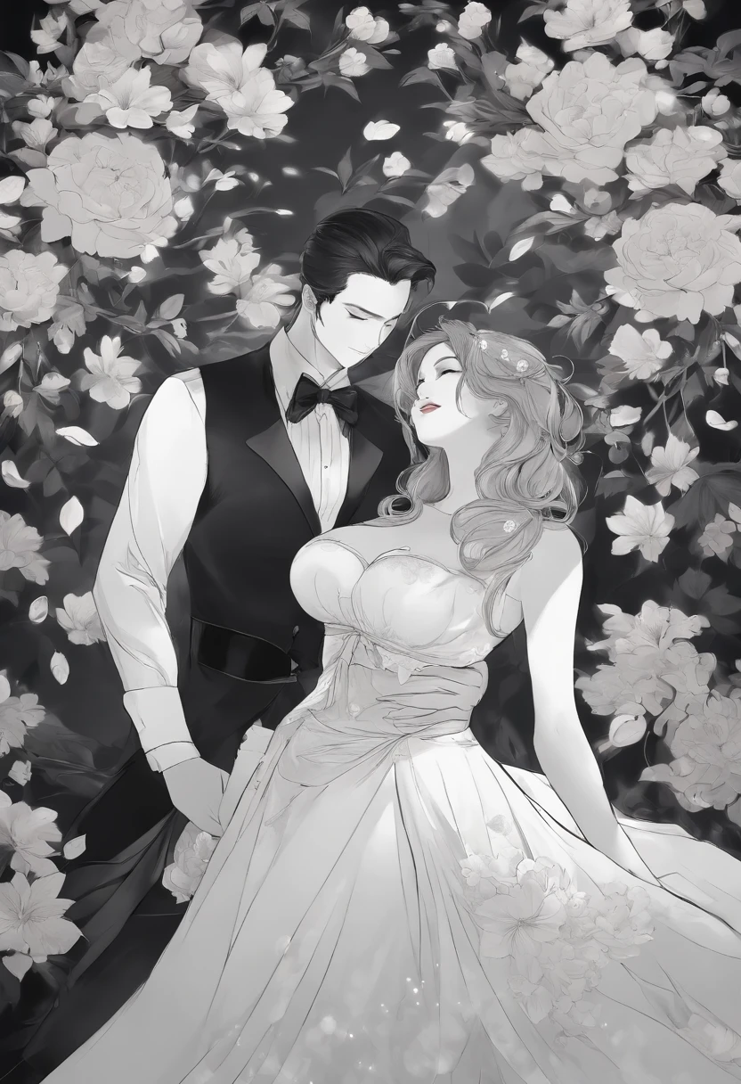 Two black and white desires surround,In front of a beautiful woman with a blindfold covering her eyes,Flowers dance around a ball,Artistically,anime big breast,Glamorous