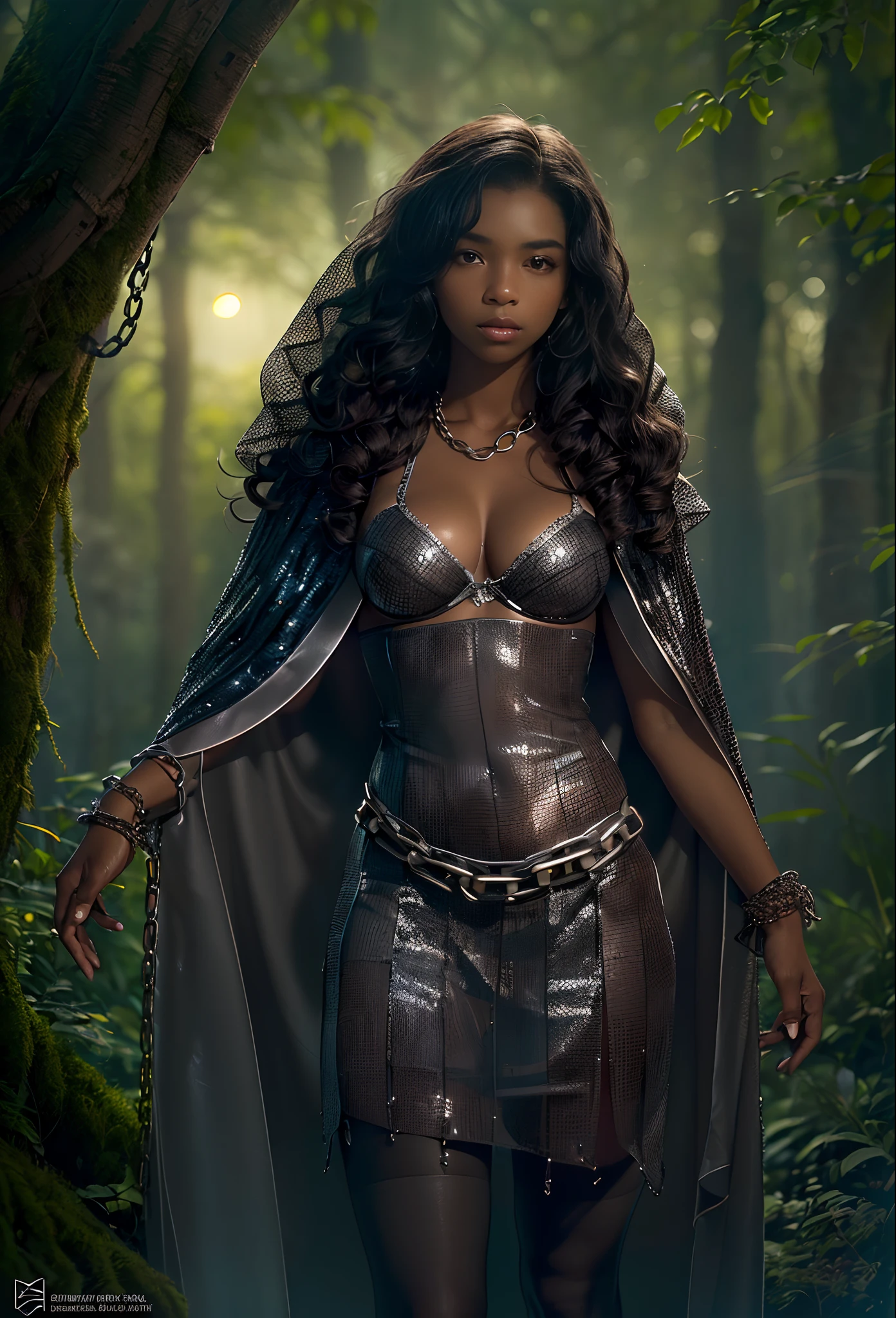 ((-yeld)))lack girl, (((light skin))), (((full body pose))), (((long curly black hair))), (((wearing tight chainmail micromini skirt, chainmail bra, open front cloak))), (((seamless, black, pantyhose))), standing in the dark woods at night, moonlight shining through the dense canopy, (((dark castle in the background))), dark fantasy, Rich, Deep Colours, (intricate details:0.9), (HDR, hyper-detailing:1.2), (natural skin textures, hyper realisitc, glistening skin, soft light, Sharp),