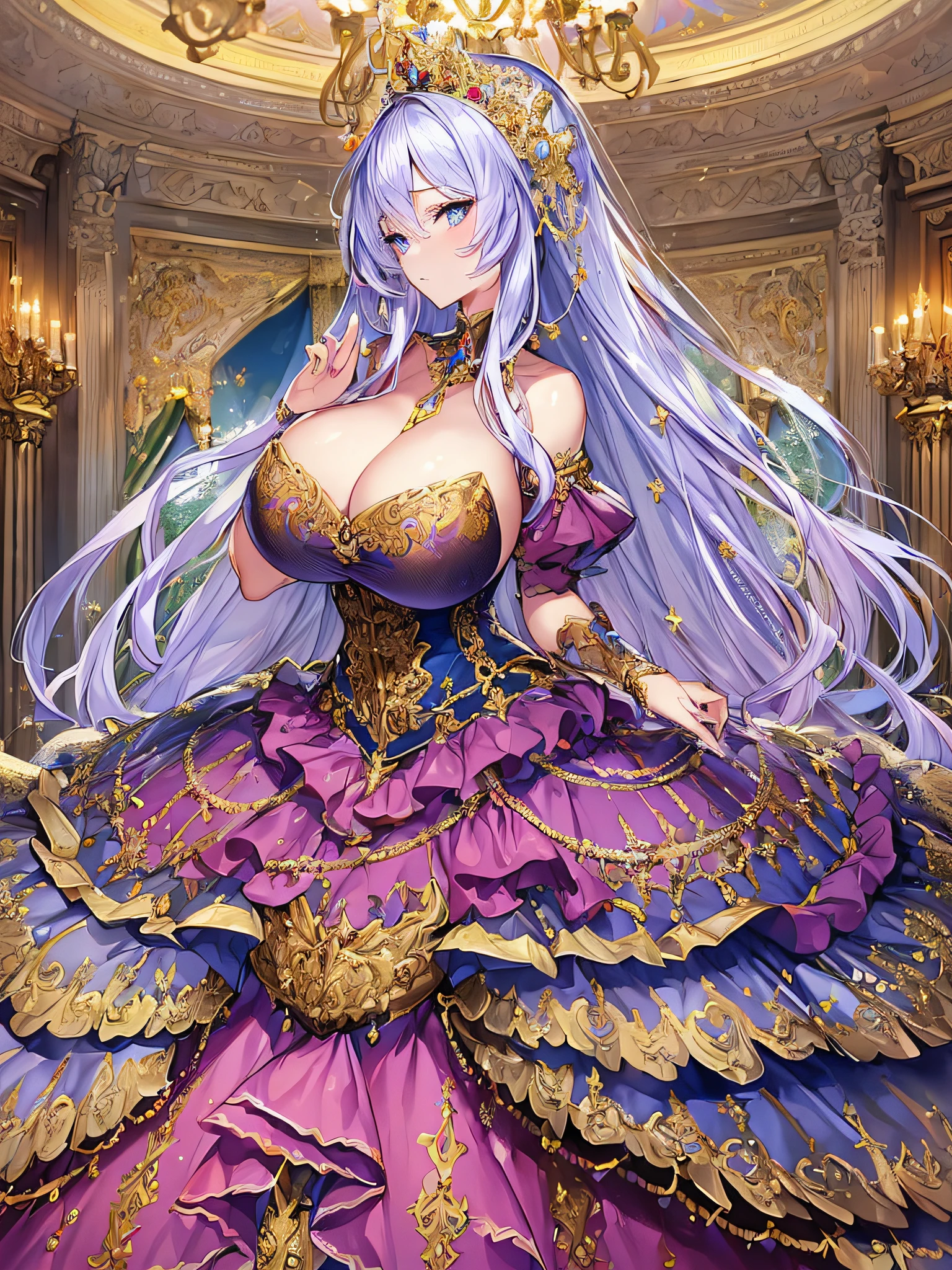 anime artstyle,Masterpiece,(Best Quality), (Super Detail),(Very Delicate and Beautiful),(Solo),((full body portrait)),full body,full body portrait,(detailed face and eyes),jewel-like beautiful eyes,((1 princess in a beautiful embroidery and jeweled rococo princess ballgown with voluminous full length hoop skirt)),((fantasy castle,outdoors,outside the castle)),((Crinoline,Long Train)),super detailed gorgeous princess ballgown with voluminous full length hoop skirt,jeweled Gorgeous rococo princess ballgown with long train,jeweled Gorgeous rococo princess ballgown with long train,gorgeous rococo princess ballgown with beautiful embroidery and jeweled,((large amount of straight hair,extremely voluminous Very Long straight Hair,Absolutely Long Straight Hair)),(((very gigantic boobs,Long boobs,cleavage))),long_gloves,extremely gorgeousfull hair ornament,bling-bling extremely gorgeousfull jeweled tiara,luxurious jewelry,full body portrait