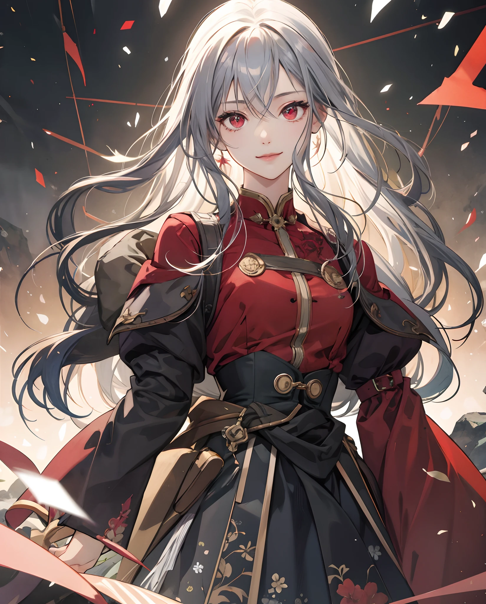 masterpiece、top-quality、超A high resolution、2D Beautiful Girl、animesque、teens girl、The long-haired、greyt hair、Beautiful red eyes、The clothes are also depicted in detail、Eyes are depicted in detail、The face is depicted in detail、sorcerer、soio、Full body front、Gentle smile、hair adornments、animesque、illustratio、
