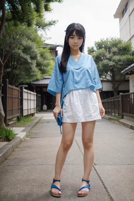 Japanese girl standing, with blue flip flops, anime style