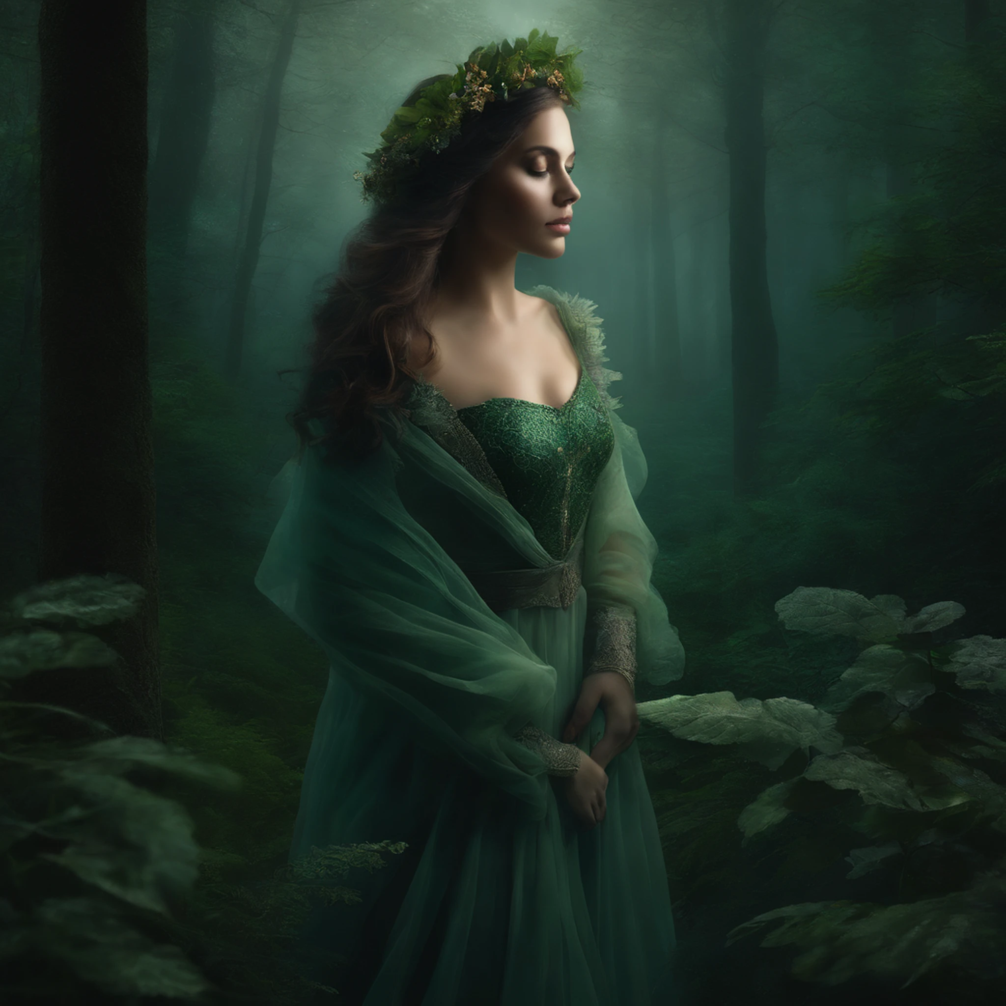 A girl in a moonlit forest, (best quality,highres), with dense trees and a misty fog. The forest is filled with moonlight, casting shadows and creating an eerie, mystical atmosphere. The girl is wearing a flowing, ethereal dress that glows under the moonlight. Her eyes are (extremely detailed,beautiful detailed eyes), reflecting both the beauty and mystery of the forest. She holds a bouquet of (glowing, luminous) flowers, adding a touch of enchantment to the scene.
In the depths of the forest, there are (mysterious creatures,hidden beings) lurking among the trees, barely visible through the lingering mist. These creatures, known as berserkers, are wearing (bear skins), their primal and fierce nature intertwined with the forest's energy. The bear skins exhibit (traditional symbolism,striking patterns) that enhance their mystical presence.
The forest itself is embraced by the colors of (emerald, jade, shimmering greens), creating a vibrant and enchanting palette. The moonlight casts soft (silver, ethereal) tones, illuminating the intricate details of the trees and the girl's ethereal dress.
As the moon shines through the gaps in the canopy, it creates a (mystical, ethereal) lighting effect, highlighting the cascading layers of mist and casting a gentle glow on everything it touches. The overall atmosphere is both (magical and mysterious), inviting viewers to immerse themselves in this evocative world.
The artwork is rendered in a (dreamlike, ethereal) style, combining elements of (fantasy and realism). The details are (ultra-detailed), capturing every leaf, texture, and expression with precision and depth. The (photorealistic) rendering creates a sense of believability while keeping the mystical essence alive.
(tags: girl in moonlit forest, dense trees, misty fog, flowing ethereal dress, glowing flowers, beautiful detailed eyes, hidden beings, bear skins, traditional symbolism, vibrant colors, emerald, jade, shimmering greens, silver tones, mystical lighting, mag