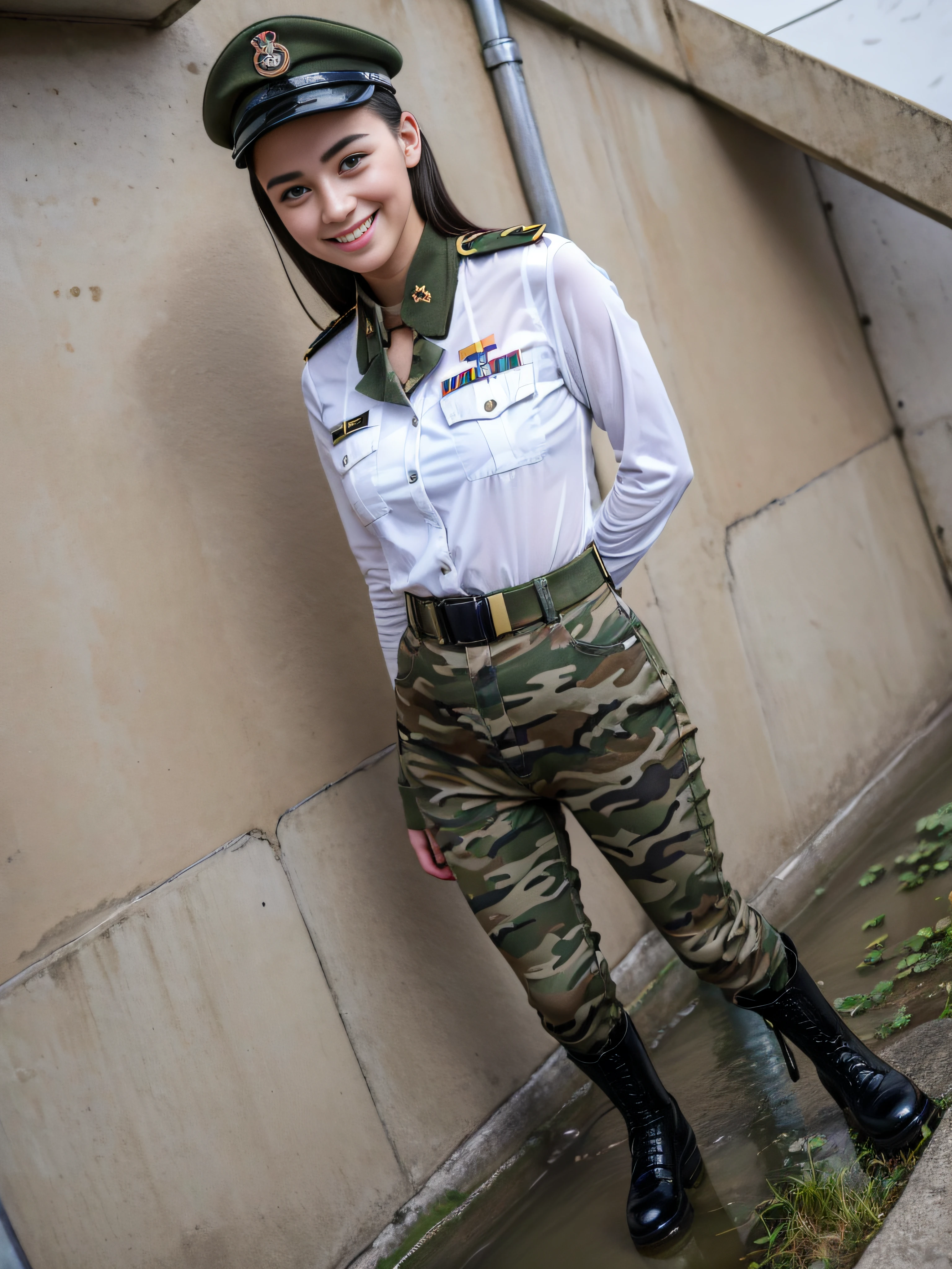 (highres:1.2), Beautiful 19 year old female soldier, camouflage uniform, standing at parade rest, peeing in her uniform pants on purpose, puddle of pee, combat boots and looks into the camera while peeing and smiling