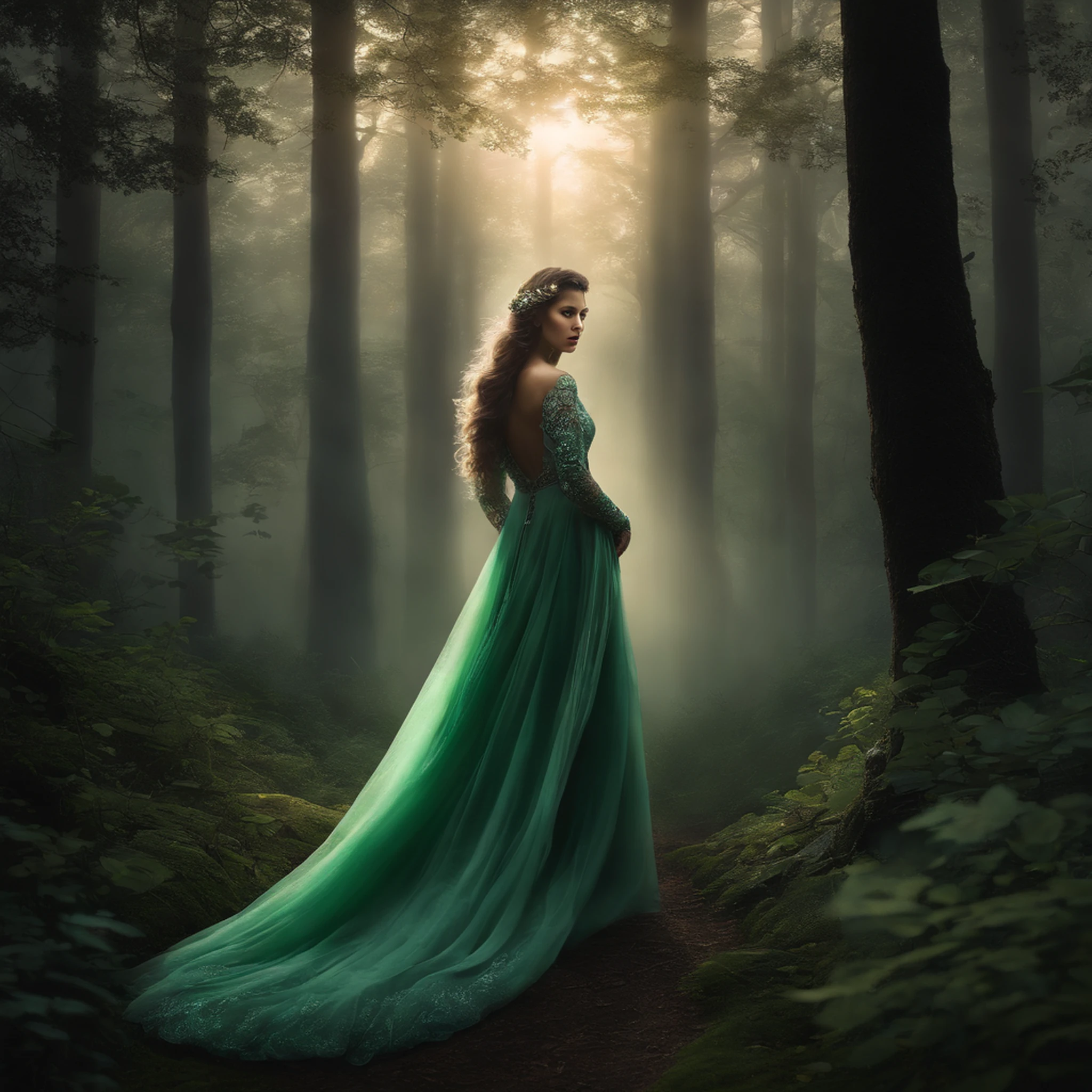 A girl in a moonlit forest, (best quality,highres), with dense trees and a misty fog. The forest is filled with moonlight, casting shadows and creating an eerie, mystical atmosphere. The girl is wearing a flowing, ethereal dress that glows under the moonlight. Her eyes are (extremely detailed,beautiful detailed eyes), reflecting both the beauty and mystery of the forest. She holds a bouquet of (glowing, luminous) flowers, adding a touch of enchantment to the scene.
In the depths of the forest, there are (mysterious creatures,hidden beings) lurking among the trees, barely visible through the lingering mist. These creatures, known as berserkers, are wearing (bear skins), their primal and fierce nature intertwined with the forest's energy. The bear skins exhibit (traditional symbolism,striking patterns) that enhance their mystical presence.
The forest itself is embraced by the colors of (emerald, jade, shimmering greens), creating a vibrant and enchanting palette. The moonlight casts soft (silver, ethereal) tones, illuminating the intricate details of the trees and the girl's ethereal dress.
As the moon shines through the gaps in the canopy, it creates a (mystical, ethereal) lighting effect, highlighting the cascading layers of mist and casting a gentle glow on everything it touches. The overall atmosphere is both (magical and mysterious), inviting viewers to immerse themselves in this evocative world.
The artwork is rendered in a (dreamlike, ethereal) style, combining elements of (fantasy and realism). The details are (ultra-detailed), capturing every leaf, texture, and expression with precision and depth. The (photorealistic) rendering creates a sense of believability while keeping the mystical essence alive.
(tags: girl in moonlit forest, dense trees, misty fog, flowing ethereal dress, glowing flowers, beautiful detailed eyes, hidden beings, bear skins, traditional symbolism, vibrant colors, emerald, jade, shimmering greens, silver tones, mystical lighting, mag