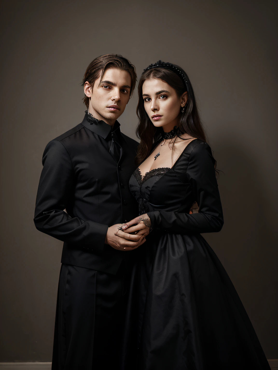criar uma foto realista e profissional de um casal vestido no estilo Romantic Goths