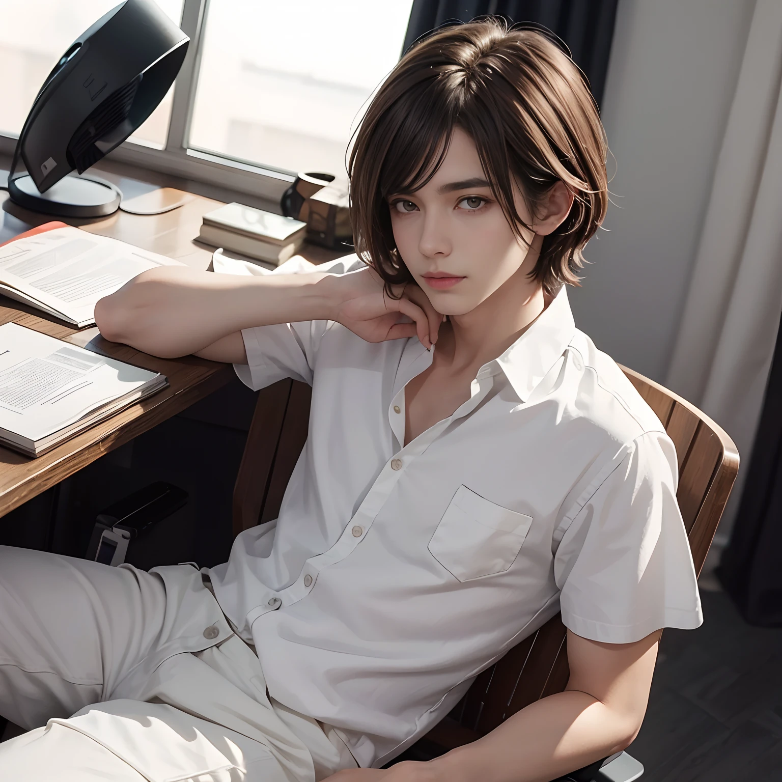A brunette boy who is dressed in a white shirt and causes verd, com um corte americano, He is sitting on a desk that behind him has his colleagues