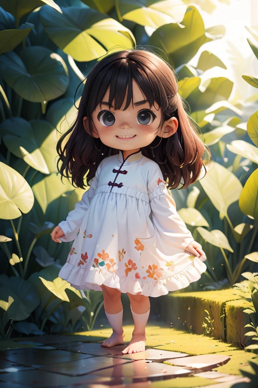 a little lovely ??? girl,Short double ponytail,Wearing a light yellow-white dress,Black color hair,In the creek,Catch a fish,very happily