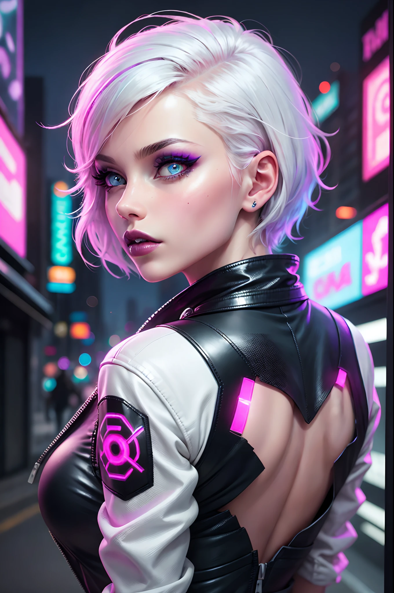 White woman, thin body, hyper realistic skin texture, skin, white hair, short futuristic hair, sidecut hair, glowing blue eyes, pink eye shadow, super detailed eyes, big lips, purple lipstick, beautiful face, black vinyl swimsuit with LED Lights, white and pink leather jacket, Cyberpunk nighttime scenarium, neon, sinais de neon, from back, thin butt