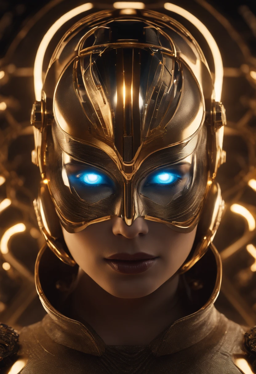best quality, portrait of a beautiful woman i futuristic mask inspired by an ancient egypt mask, details, gold, silver, transparent limestone, stones, scarab beetle, microchips, cabels, electric glow, retro futurism, space colony in background, mecha-girl, experimental and futuristic cybernetic details, vibrant, quantum wavetracing, ultra-modern, Cinematic, Ultra detailed, professional. Cybernetics, Human-machine integration, dystopian, Highly detailed