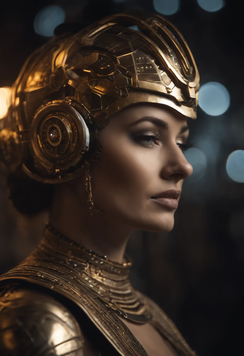 best quality, portrait of a beautiful woman i futuristic mask inspired by an ancient egypt mask, details, gold, silver, transparent limestone, stones, scarab beetle, microchips, cabels, electric glow, retro futurism, space colony in background, mecha-girl, experimental and futuristic cybernetic details, vibrant, quantum wavetracing, ultra-modern, Cinematic, Ultra detailed, professional. Cybernetics, Human-machine integration, dystopian, Highly detailed