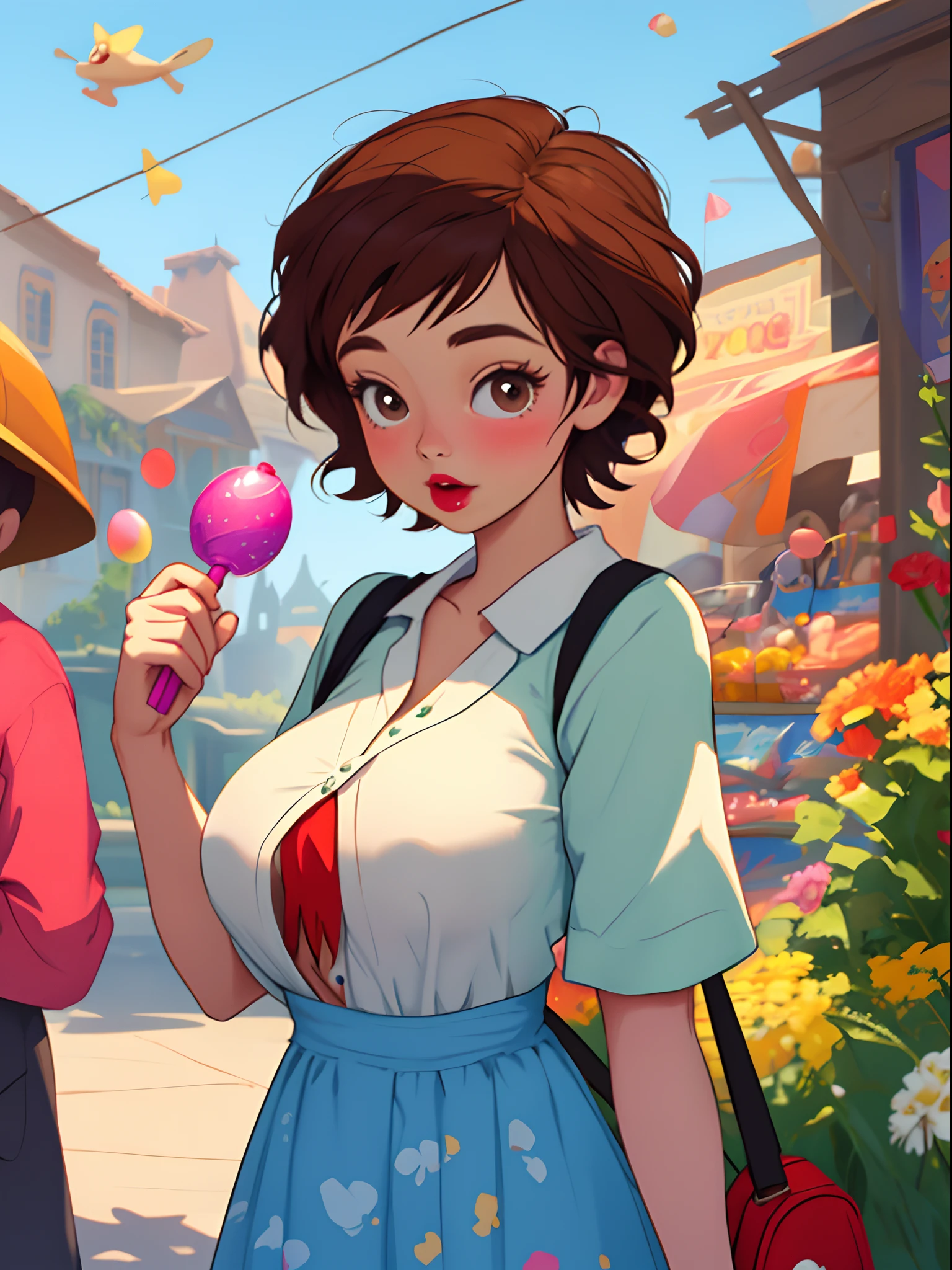Disney pixar style movie called lolli girl with short brown hair with red in front big boobs
