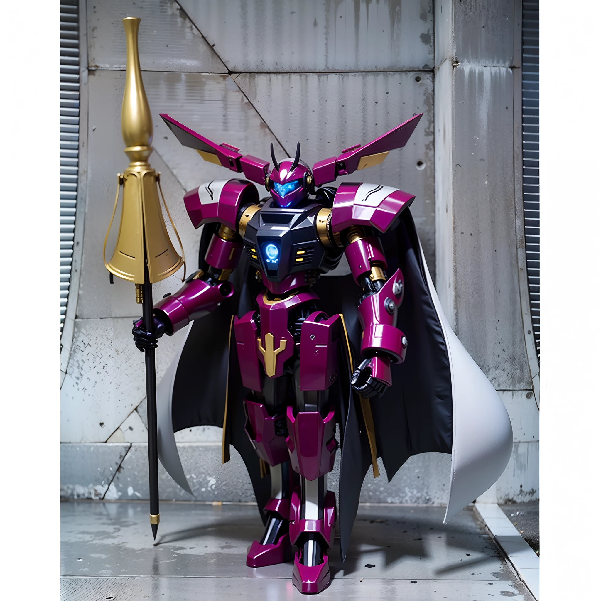 Mech robot with purple metal parts with black and gold details, Golden Conical Sword, capa de couro branca com interior azul