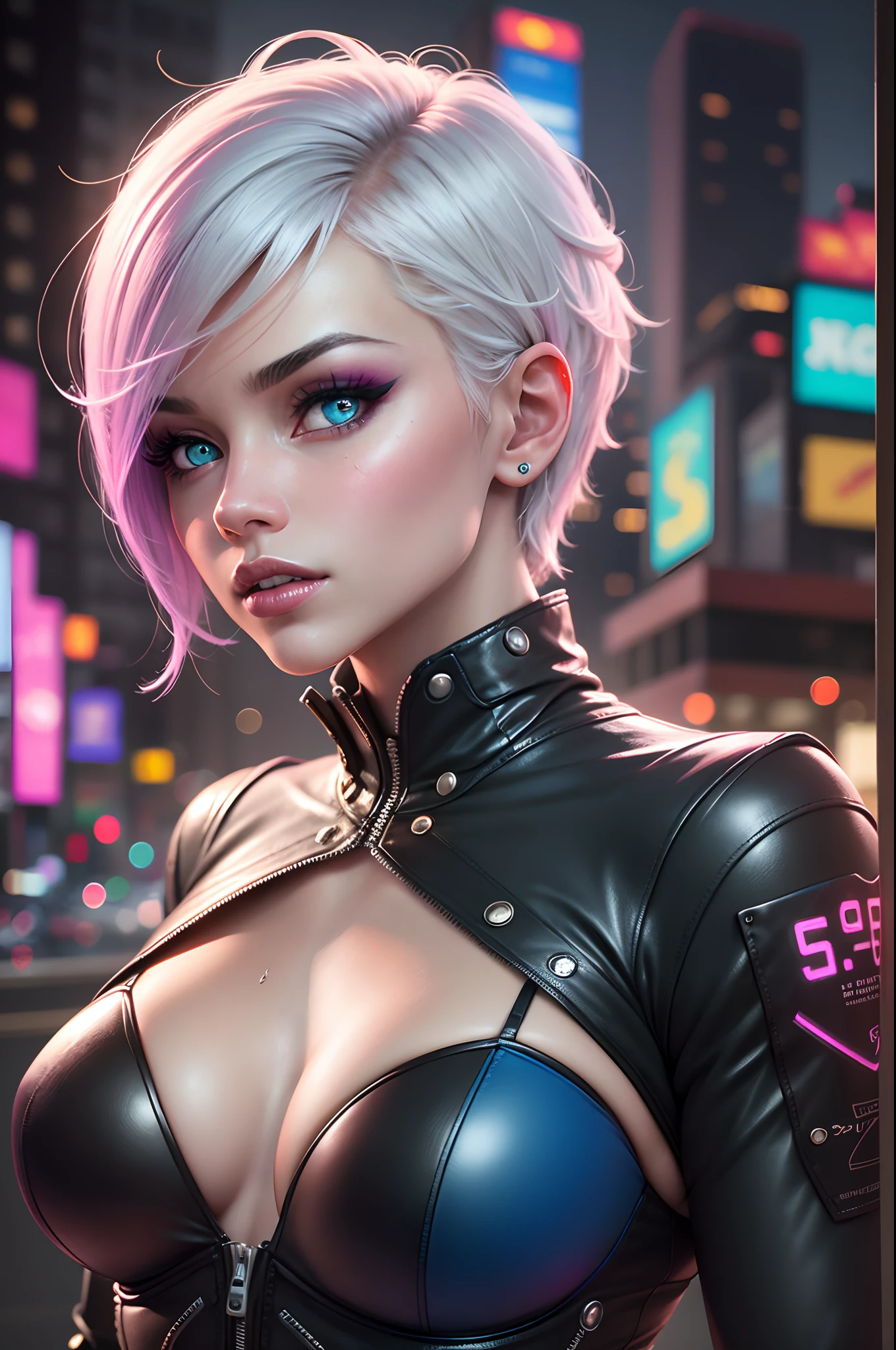 White woman, Slim and fitness model body, sexy, hyper realistic skin texture, skin, white hair, short hair, futuristic hair, glowing blue eyes, pink eye shadow, super detailed eyes, purple lipstick, beautiful face, black leather, Cybernetic Suit with LED Lights points, futuristic jacket, rain, wet skin, Cyberpunk nighttime scenarium, long eyeslashes, surrealism, shadow, estereograma, (fotorrealista, realista: 1.2), POV, atmosphric perspective, cinematic lighthing, ray tracing, 8k, super detalhe, melhor qualidade, obra-prima, bem detalhado, (Canon EOS R6, 135mm, 1/1250s, f/2.8, ISO 400:0.9), cyberpunk, neon, sinais de neon, ramen shops, noite, decote, das costas, bumbum bolha, bunda redonda