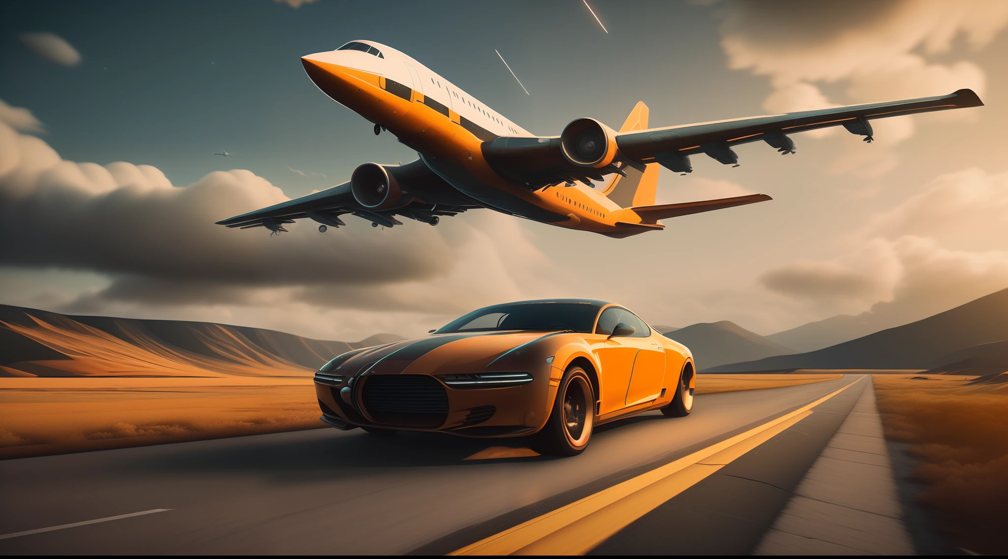 There's a big plane flying over a car on the road, Carros voadores, carro e moto,vehicle photography, transportation design render, octano photoreal 3 d render, vehicle concept photo!!, inspirado em Mike Winkelmann, cg arte, Octane CGsociety, photo rendering, fotografia automotiva, ((octan render)), Directed by: Mike Winkelmann