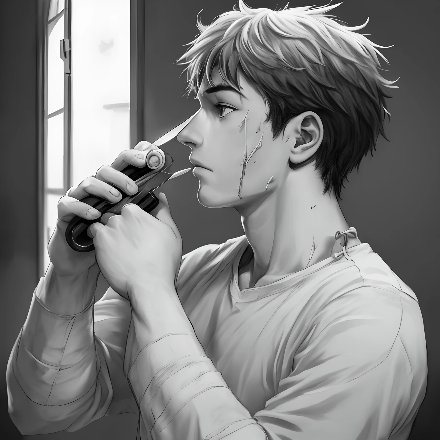 anime man in white shirt brushing his teeth while looking at his cell phone, anime handsome man, anime portrait of a handsome man, handsome guy in demon slayer art, makoto shinkai ( apex legends ), handsome anime pose, okata kazuto, makoto, male anime style, inspired by Itō Ogura Yonesuke