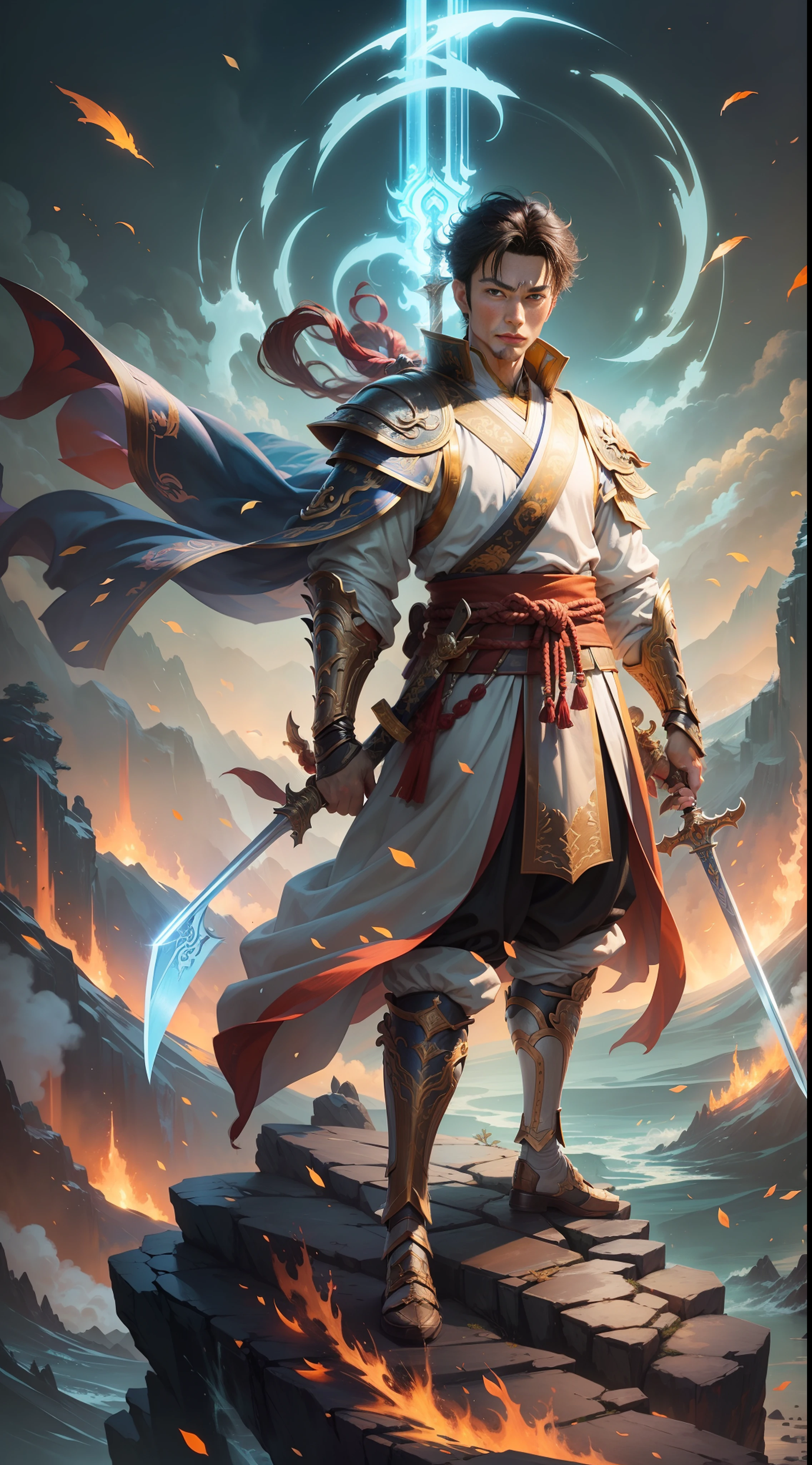 A man, handsome, sword, Chen Pingan, Jianlai, standing on the top of the mountain, sword pointing to the firmament, ten thousand swords Chaozong
