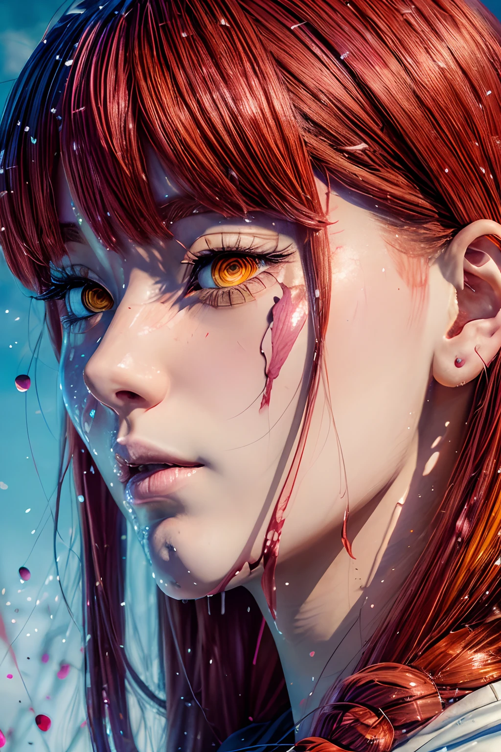 masterpiece, best quality, (extremely detailed CG unity 8k wallpaper, masterpiece, best quality, ultra-detailed, best shadow), (detailed background), (beautiful detailed face, beautiful detailed eyes), High contrast, (best illumination, an extremely delicate and beautiful),1girl,((colourful paint splashes on transparent background, dulux,)), ((caustic)), dynamic angle,beautiful detailed glow,full body, paint splash on face. close up of a woman, anime girl with red hair and a white shirt and tie, a character portrait by Yang J, pixiv, shin hanga, portrait of an anime girl, female anime character, portrait anime girl, portrait of asuka langley soryu, beautiful anime portrait, detailed portrait of anime girl, anime character, realistic anime artstyle, anime girl portrait, anime character portrait, paint splashes on face.