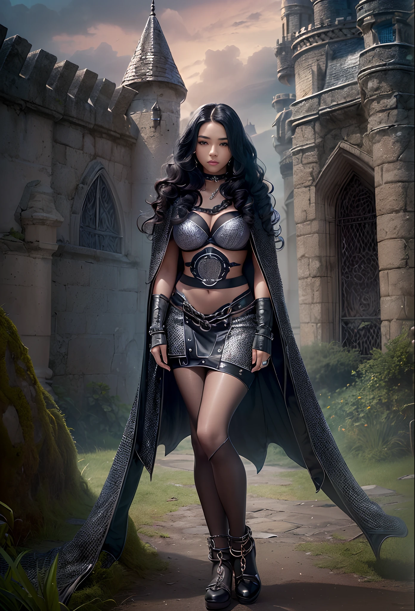 ((20-year-old))), girl, (((light skin))), (((full body pose))), (((long curly black hair))), (((wearing tight chainmail micromini skirt, chainmail bra, open front cloak))), (((seamless, black, pantyhose))), pet dragon standing behind her, dark castle in the background, dark fantasy, Rich, Deep Colours, (intricate details:0.9), (HDR, hyper-detailing:1.2), (natural skin textures, hyper realisitc, glistening skin, soft light, Sharp),