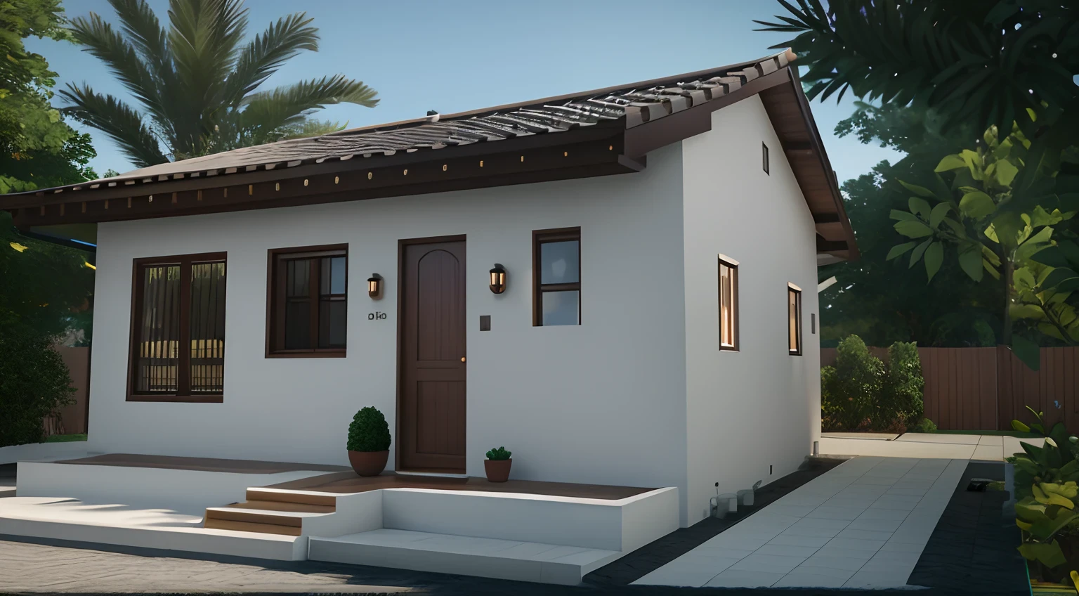 There is a small white house with a brown roof and a brown door, ((night ligthning)),Renderizado no Lumion Pro, lumion rendering, renderizado em lumion, clean render, renderizar 3 d, [ Fotorrealismo 4K ], professional render, semi-realistic rendering, Renderizado em corona, Estilo fotorrealista, high detail render, Estilo fotorrealista, corona render