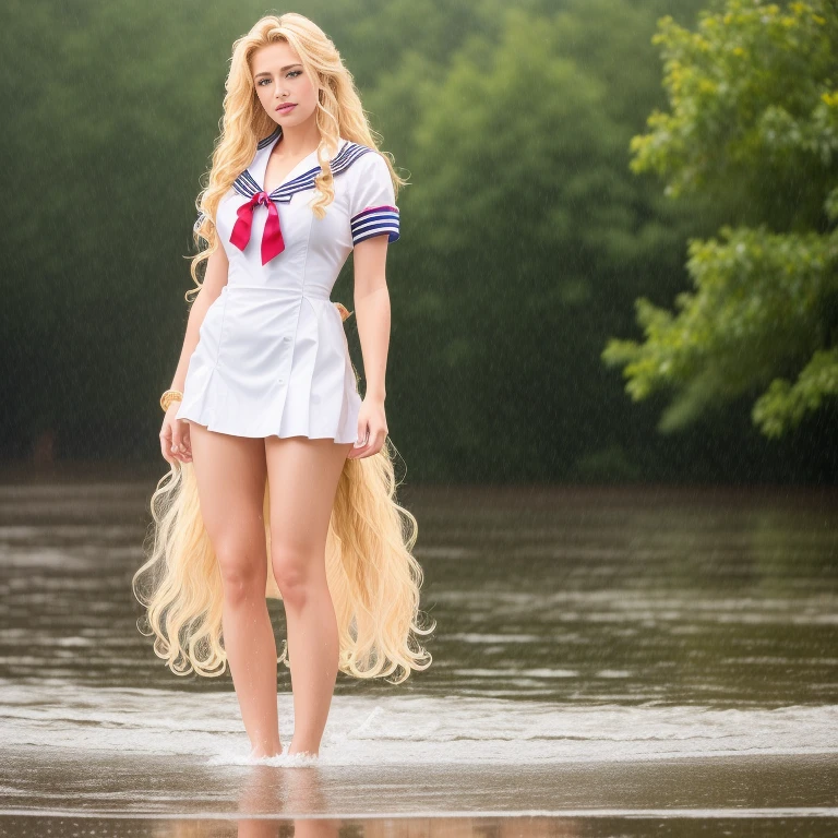 (best quality,4k,8k,high res,masterpiece:1.2),ultra-detailed, photorealistic, full body shot,golden blonde, long wavy hair,Mature and beautiful, realistic portrayal:1.2 Sailor Moon posing as if she’s in a professional photoshoot, standing in the rain, soaking wet hair texture