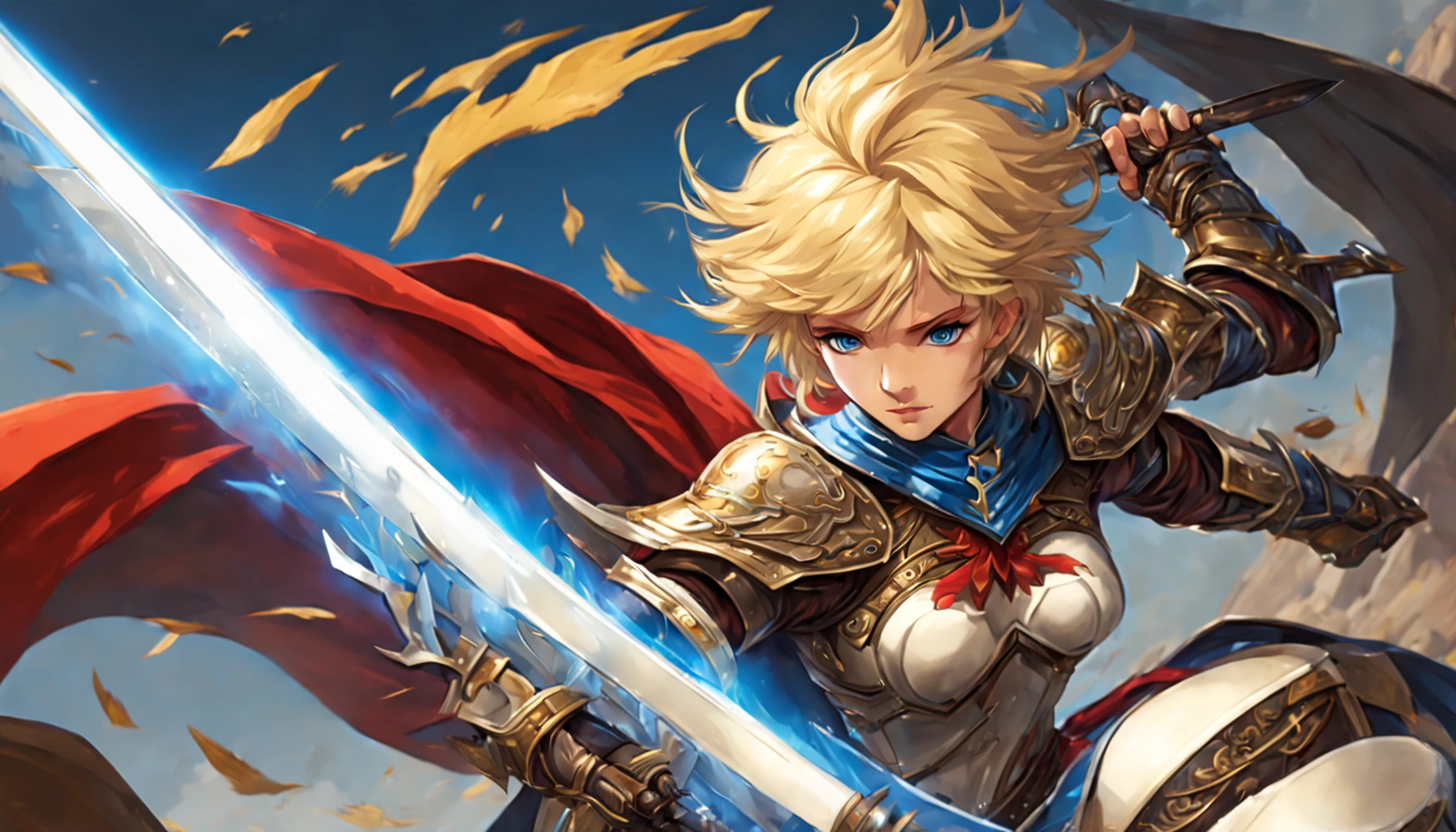 Um cavaleiro valente em armadura reluzente posa heroicamente com espada erguida. He has short blonde hair and intense blue eyes focused with determination. Under the steel breastplate, He wears a red tabard emblazoned with a golden phoenix.. Engraved steel gauntlets protect your hands by firmly gripping the hilt of a broadsword with a winged cross guard. A bright sunburst pattern adorns the blue sheath at her waist. He's tall and proud, pronto para combater o mal. A arte conceitual inclui: - Gleaming steel armor engraved with phoenix emblem -Phoenix's red Tabard on the chain - Winged Sword, Intricate sword and sunburst scabbard - Short blond hair and intense blue eyes - Embossed gauntlets on hands holding sword - Heroic and confident posture and expression