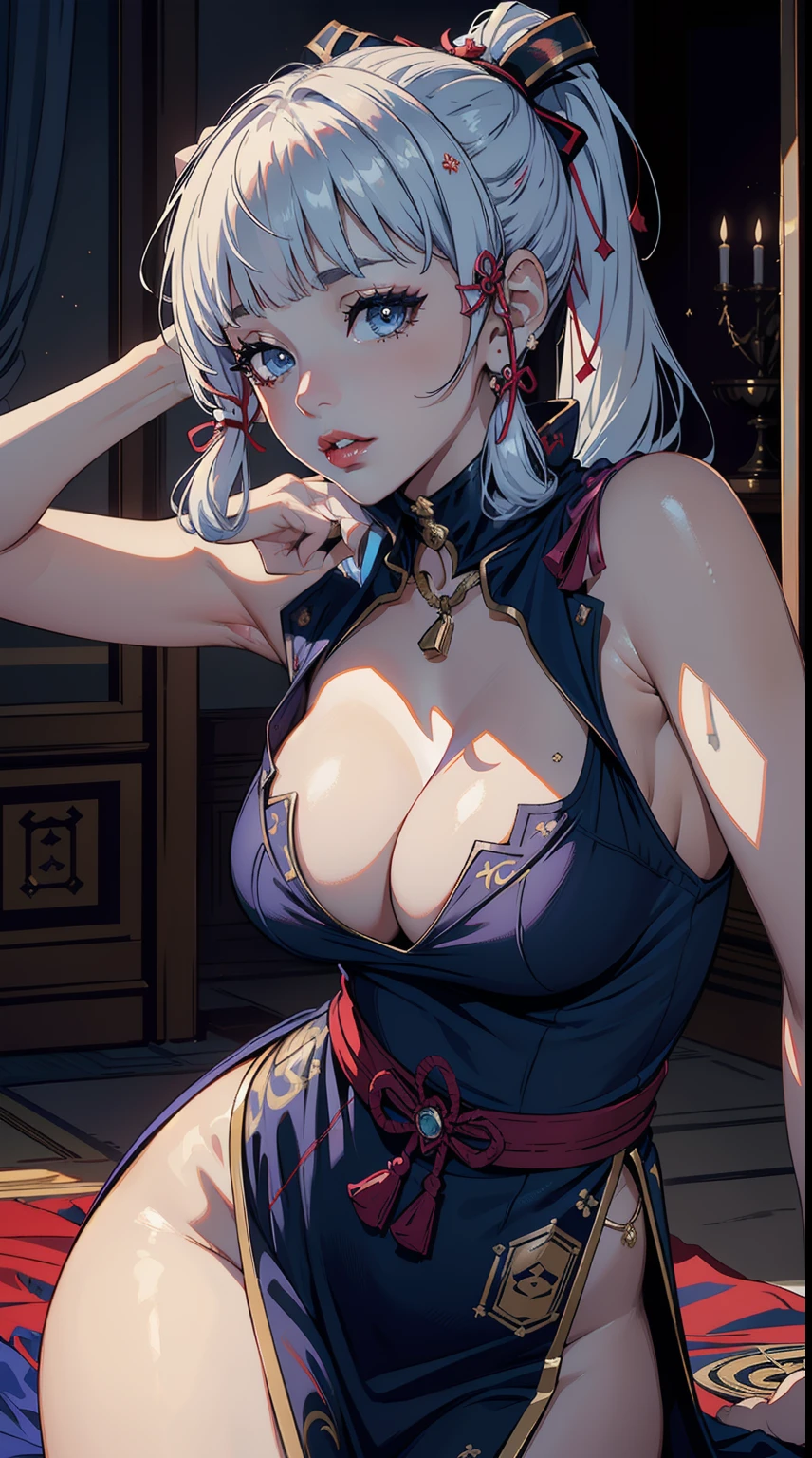 Solo,4k,((masterpiece)),(((best quality))),((ultra-detailed)), ((dynamic angle)), ((dynamic pose)),red lip, depth of field,(a magnificent royal party:1.5),detailed lighting,large breast,(cleavage),(turtleneck sleeveless dress),(sexy), kamisatoayakadef