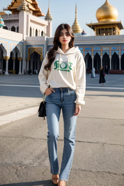 A stunning Pakistani girl with long, flowing hair stands in front of a grand palace, dressed in a casual yet stylish ensemble of jeans and a hoodie.