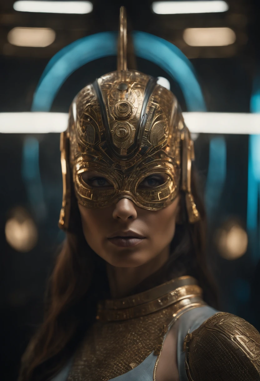 best quality, portrait of a beautiful woman i futuristic mask inspired by an ancient egypt mask, details, gold, silver, transparent limestone, stones, scarab beetle, microchips, cabels, electric glow, retro futurism, space colony in background, mecha-girl, experimental and futuristic cybernetic details, vibrant, star trek, ultra-modern, Cinematic, Ultra detailed, professional. Cybernetics, Human-machine integration, dystopian, Highly detailed, eyes covered by a transparent visor