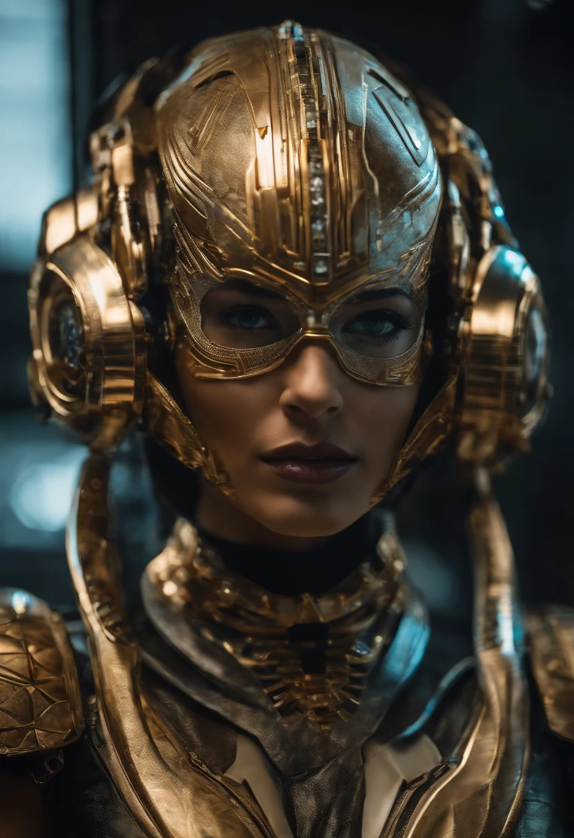 best quality, portrait of a beautiful woman i futuristic mask inspired by an ancient egypt mask, details, gold, silver, transparent limestone, stones, scarab beetle, microchips, cabels, electric glow, retro futurism, space colony in background, mecha-girl, experimental and futuristic cybernetic details, vibrant, star trek, ultra-modern, Cinematic, Ultra detailed, professional. Cybernetics, Human-machine integration, dystopian, Highly detailed, eyes covered by a transparent visor