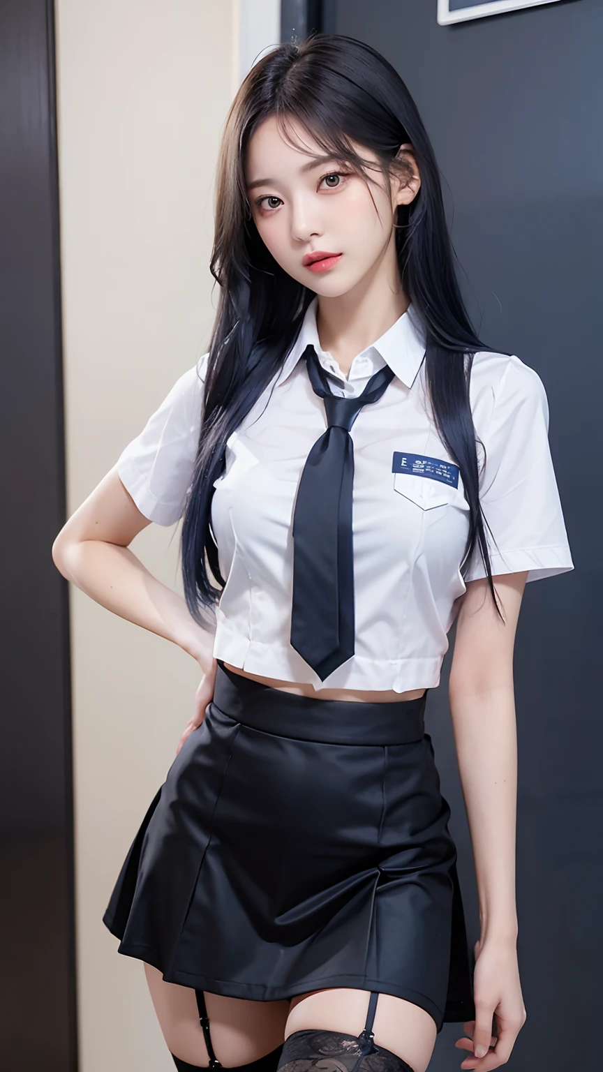 (best qualtiy,4K,tmasterpiece:1.2),Pretty women,1girll,Raised sexy:1.1,dark-blue hair:1.1,Woman in school uniform,Soaked white school uniform,Super detailed face,Detailed lips,A detailed eye,二重まぶた,Colorful miniskirt black stockings,Stand up,full bodyesbian