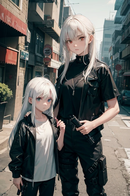 post-apocalyptic world, a 17-year-old girl with long white hair, wearing a white t-shirt with a black jacket, and holding a pistol in her right hand, and in her left hand, holding the hand of her 6-year-old boy, with straight white hair. neck with black blouse
