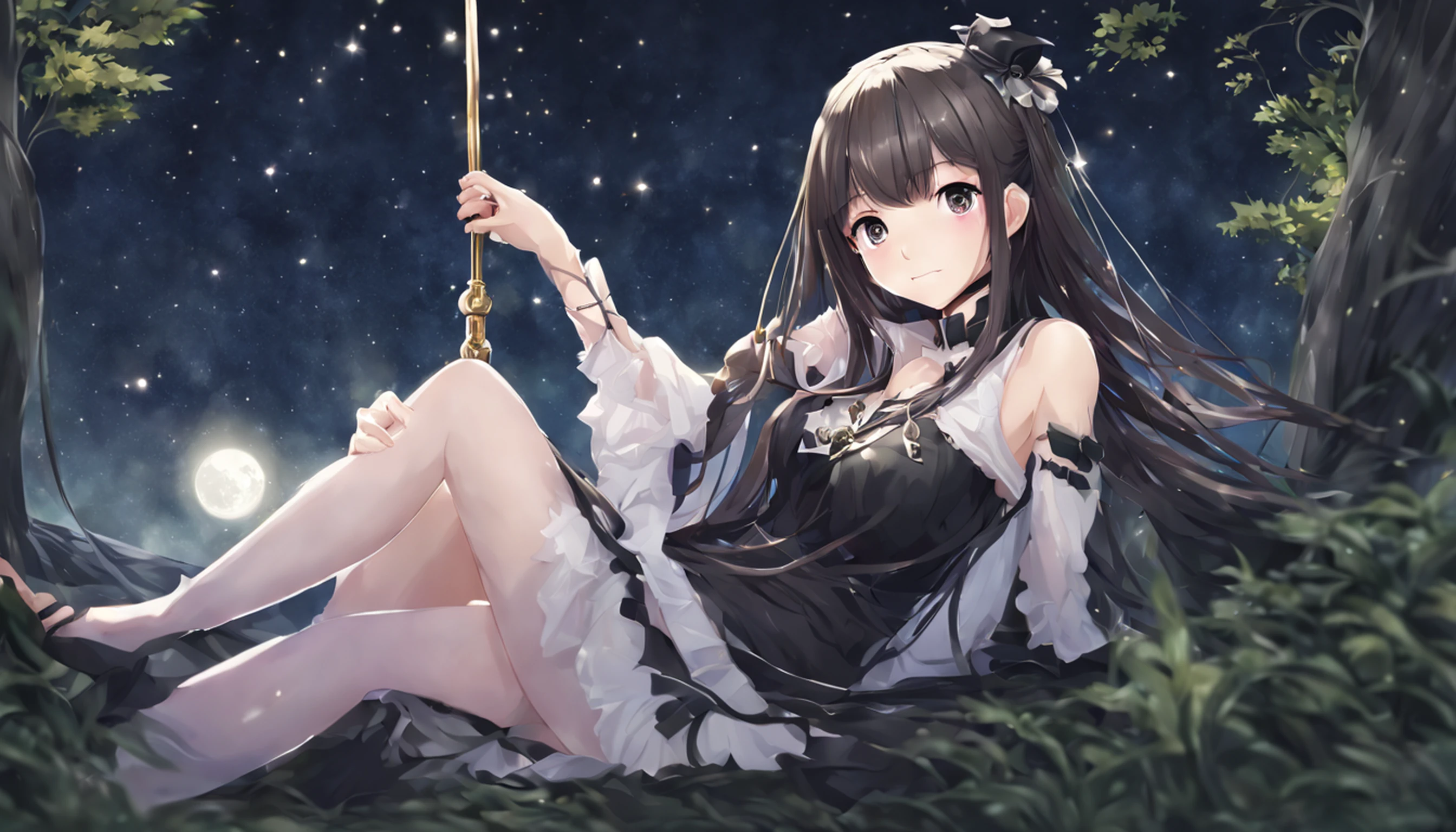 (master part, best quality), 1girl(Athena_Asamiya), vestido bonito, cabelos pretos longos, sentado, Fundo exterior bonito, Noite, Floresta