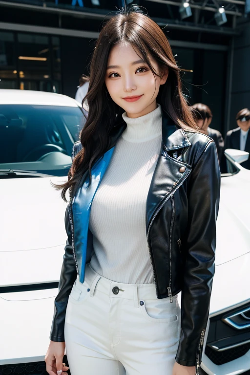 A stunning young woman wearing black leather jacket white high neck blue jeans ombre hair color stands in front of a sleek, futuristic electric car at the Tokyo car expo, her long hair blowing in the wind as she smiles confidently at the camera.