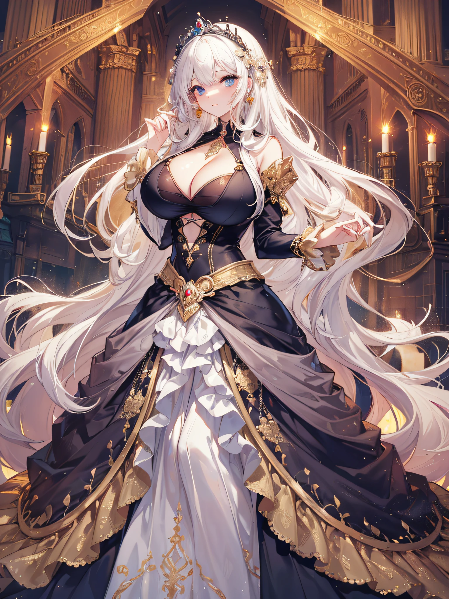 anime artstyle,Masterpiece,(Best Quality), (Super Detail),(Very Delicate and Beautiful),(Solo),((full body portrait)),full body,full body portrait,(detailed face and eyes),jewel-like beautiful eyes,((1 princess in a beautiful embroidery and jeweled rococo princess ballgown with voluminous full length hoop skirt)),((fantasy castle,outdoors,outside the castle)),((Crinoline,Long Train)),super detailed gorgeous princess ballgown with voluminous full length hoop skirt,jeweled Gorgeous rococo princess ballgown with long train,jeweled Gorgeous rococo princess ballgown with long train,gorgeous rococo princess ballgown with beautiful embroidery and jeweled,((large amount of straight hair,extremely voluminous Very Long straight Hair,Absolutely Long Straight Hair)),(((very gigantic boobs,cleavage))),long_gloves,extremely gorgeousfull hair ornament,bling-bling extremely gorgeousfull jeweled tiara,luxurious jewelry,full body portrait