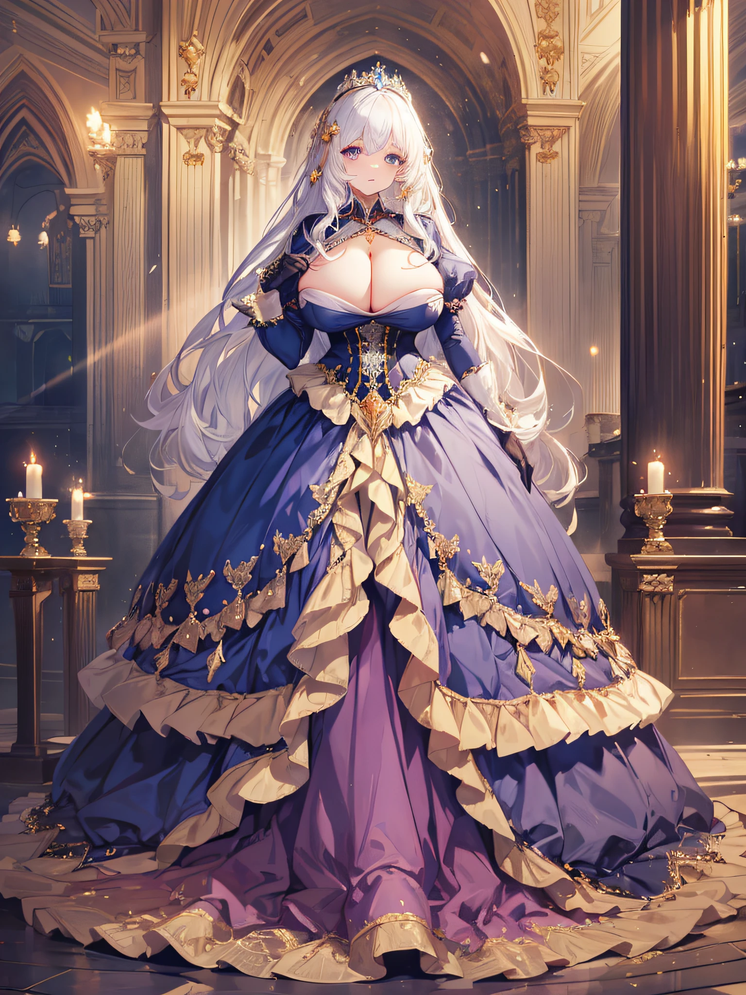 anime artstyle,Masterpiece,(Best Quality), (Super Detail),(Very Delicate and Beautiful),(Solo),((full body portrait)),full body,full body portrait,(detailed face and eyes),jewel-like beautiful eyes,((1 princess in a beautiful embroidery and jeweled rococo princess ballgown with voluminous full length hoop skirt)),((fantasy castle,outdoors,outside the castle)),((Crinoline,Long Train)),super detailed gorgeous princess ballgown with voluminous full length hoop skirt,jeweled Gorgeous rococo princess ballgown with long train,jeweled Gorgeous rococo princess ballgown with long train,gorgeous rococo princess ballgown with beautiful embroidery and jeweled,((large amount of straight hair,extremely voluminous Very Long straight Hair,Absolutely Long Straight Hair)),(((very gigantic boobs,cleavage))),long_gloves,extremely gorgeousfull hair ornament,bling-bling extremely gorgeousfull jeweled tiara,luxurious jewelry,full body portrait