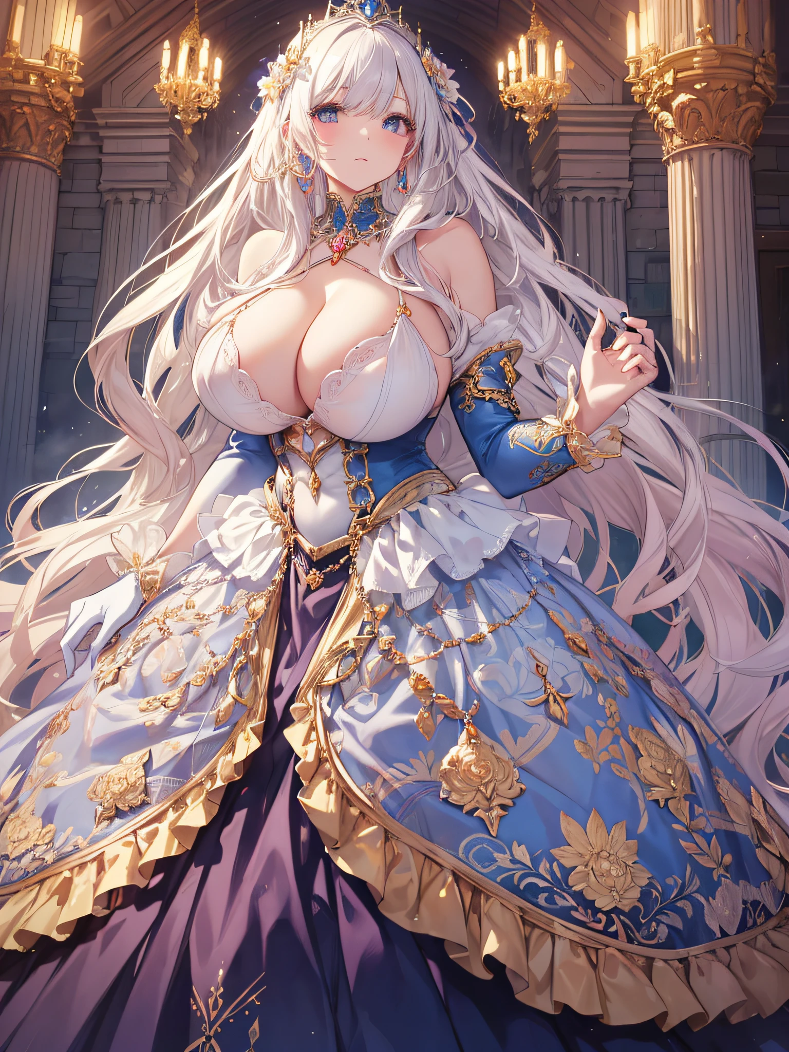 anime artstyle,Masterpiece,(Best Quality), (Super Detail),(Very Delicate and Beautiful),(Solo),((full body portrait)),full body,full body portrait,(detailed face and eyes),jewel-like beautiful eyes,((1 princess in a beautiful embroidery and jeweled rococo princess ballgown with voluminous full length hoop skirt)),((fantasy castle,outdoors,outside the castle)),((Crinoline,Long Train)),super detailed gorgeous princess ballgown with voluminous full length hoop skirt,jeweled Gorgeous rococo princess ballgown with long train,jeweled Gorgeous rococo princess ballgown with long train,gorgeous rococo princess ballgown with beautiful embroidery and jeweled,((large amount of straight hair,extremely voluminous Very Long straight Hair,Absolutely Long Straight Hair)),(((very gigantic boobs,cleavage))),long_gloves,extremely gorgeousfull hair ornament,bling-bling extremely gorgeousfull jeweled tiara,luxurious jewelry,full body portrait