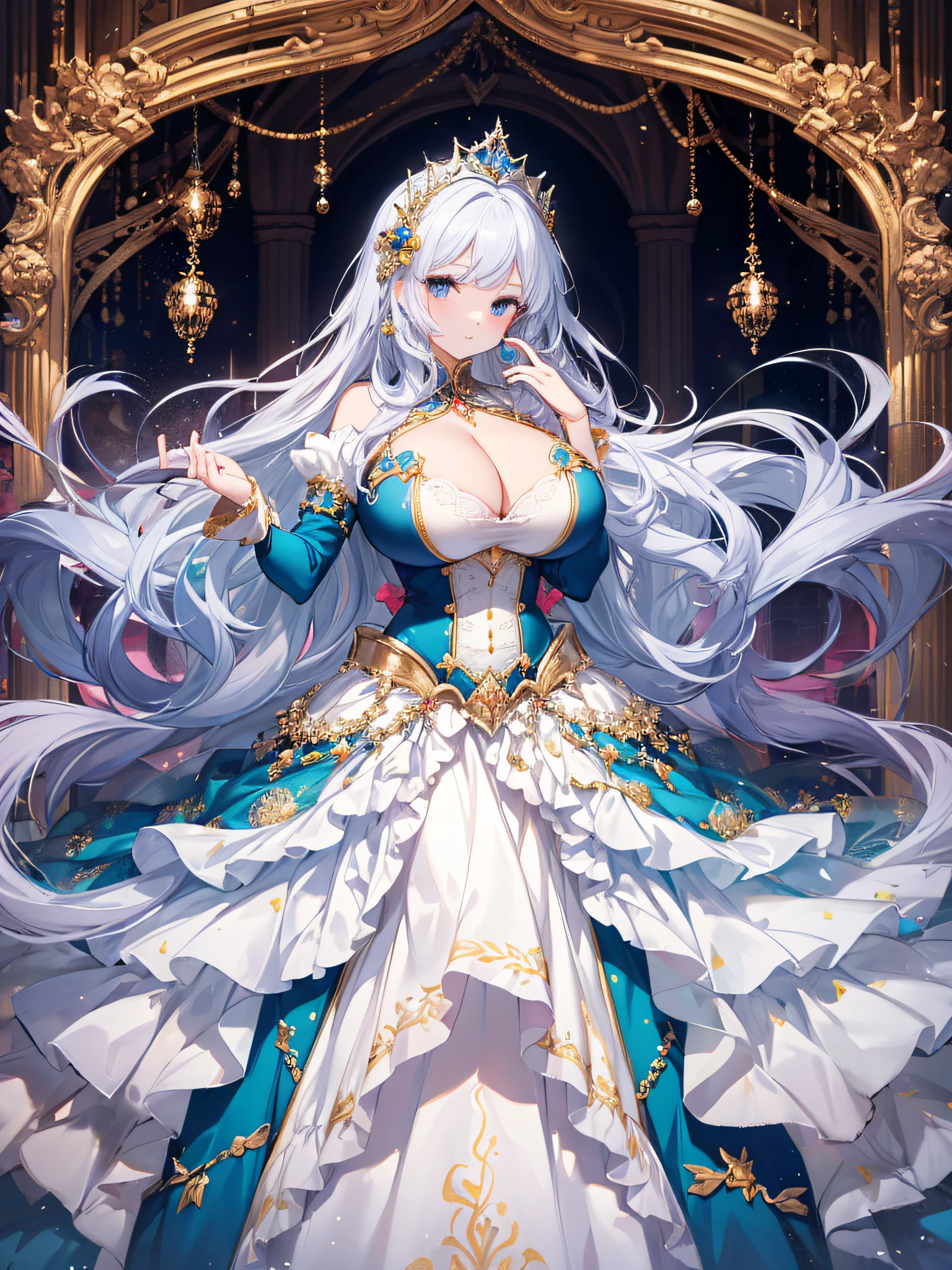 anime artstyle,Masterpiece,(Best Quality), (Super Detail),(Very Delicate and Beautiful),(Solo),((full body portrait)),full body,full body portrait,(detailed face and eyes),jewel-like beautiful eyes,((1 princess in a beautiful embroidery and jeweled rococo princess ballgown with voluminous full length hoop skirt)),((fantasy castle,outdoors,outside the castle)),((Crinoline,Long Train)),super detailed gorgeous princess ballgown with voluminous full length hoop skirt,jeweled Gorgeous rococo princess ballgown with long train,jeweled Gorgeous rococo princess ballgown with long train,gorgeous rococo princess ballgown with beautiful embroidery and jeweled,((large amount of straight hair,extremely voluminous Very Long straight Hair,Absolutely Long Straight Hair)),(((very gigantic boobs,cleavage))),long_gloves,extremely gorgeousfull hair ornament,bling-bling extremely gorgeousfull jeweled tiara,luxurious jewelry,full body portrait