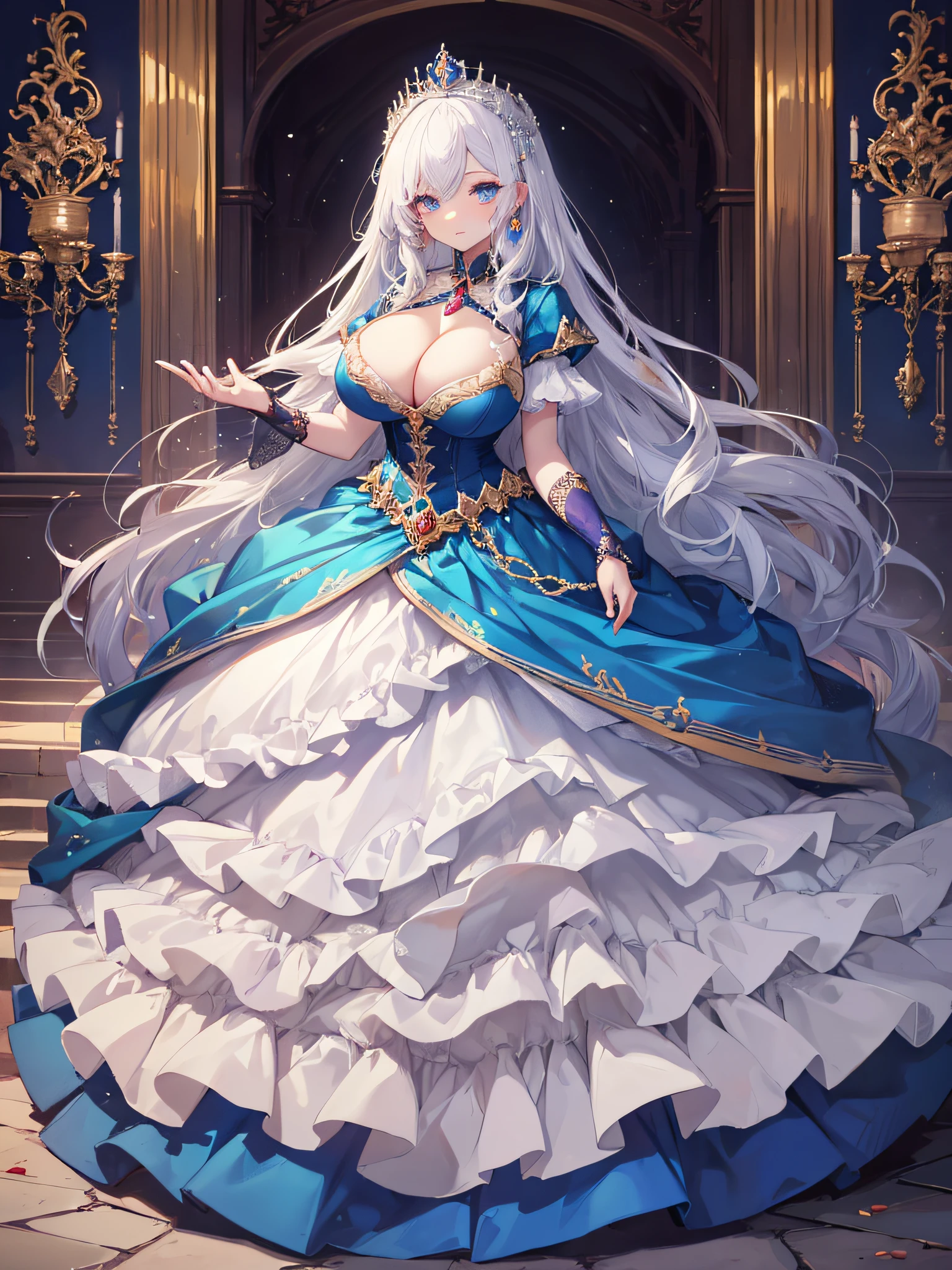 anime artstyle,Masterpiece,(Best Quality), (Super Detail),(Very Delicate and Beautiful),(Solo),((full body portrait)),full body,full body portrait,(detailed face and eyes),jewel-like beautiful eyes,((1 princess in a beautiful embroidery and jeweled rococo princess ballgown with voluminous full length hoop skirt)),((fantasy castle,outdoors,outside the castle)),((Crinoline,Long Train)),super detailed gorgeous princess ballgown with voluminous full length hoop skirt,jeweled Gorgeous rococo princess ballgown with long train,jeweled Gorgeous rococo princess ballgown with long train,gorgeous rococo princess ballgown with beautiful embroidery and jeweled,((large amount of straight hair,extremely voluminous Very Long straight Hair,Absolutely Long Straight Hair)),(((very gigantic boobs,cleavage))),long_gloves,extremely gorgeousfull hair ornament,bling-bling extremely gorgeousfull jeweled tiara,luxurious jewelry,full body portrait